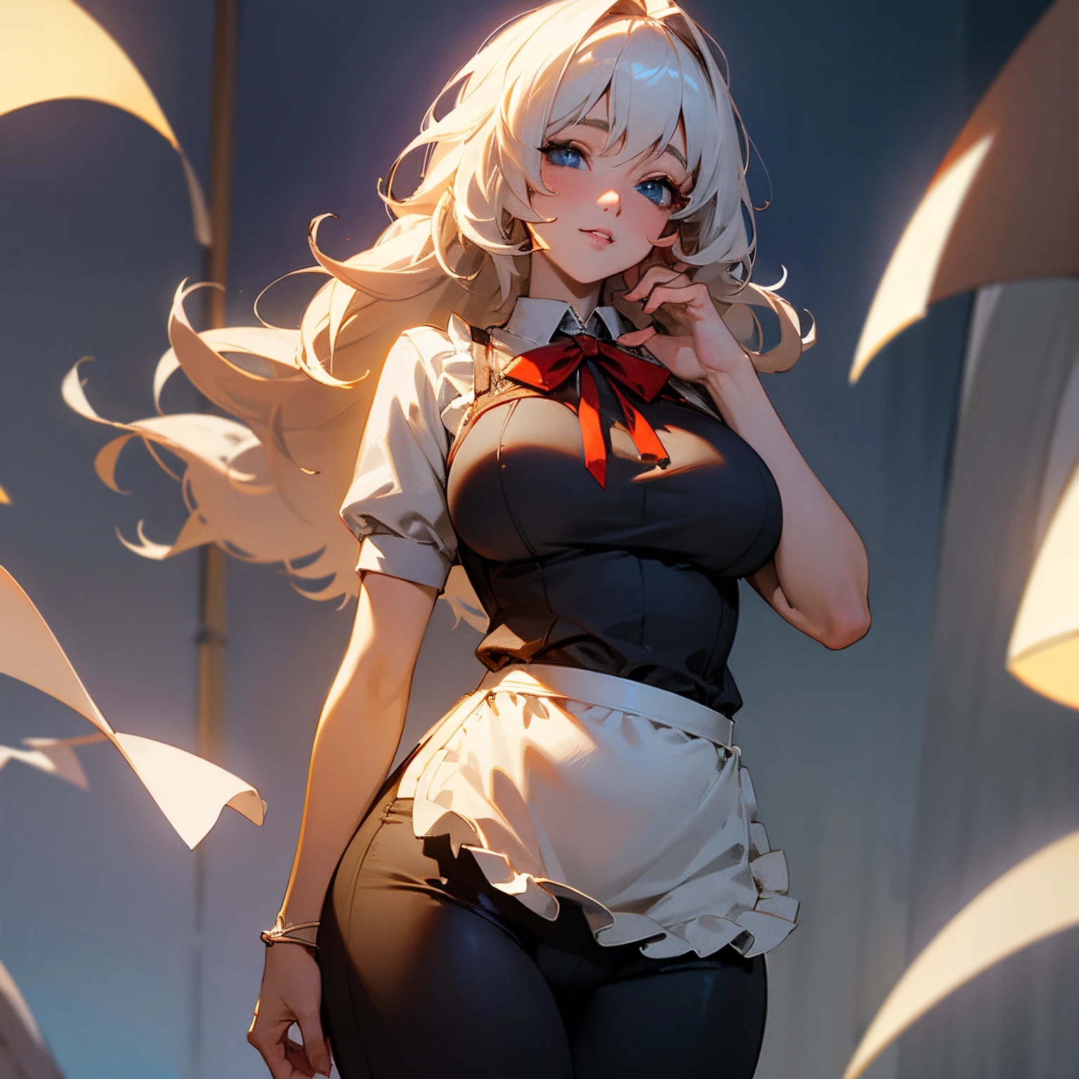 super high quality, (8k, RAW photo, realistic), white messy medium hair, amorous expression, lewd expression, hand on crotch, hand on chest, cheeks are red and she smiles shyly, intelligent beauty, cute face, shining blue big eyes, huge breasts, slender, perfect proportion, red big thick lips, only wearing an apron, background in the night room, professional lighting