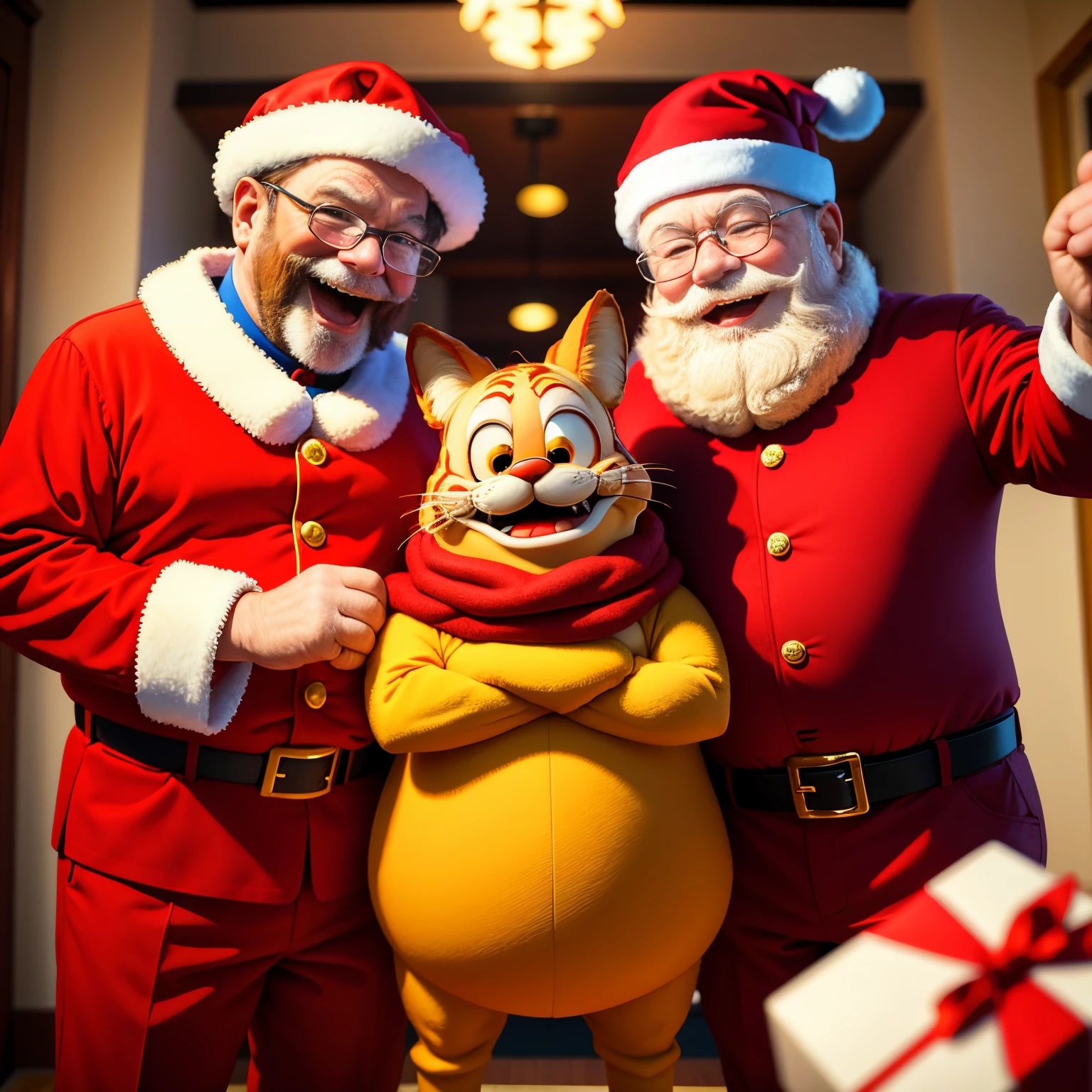 tmasterpiece, Best quality at best, Garfield wears Christmas costume for holiday party. Happy photo taking with Santa Claus. They are laughing a lot, The party was a great success.