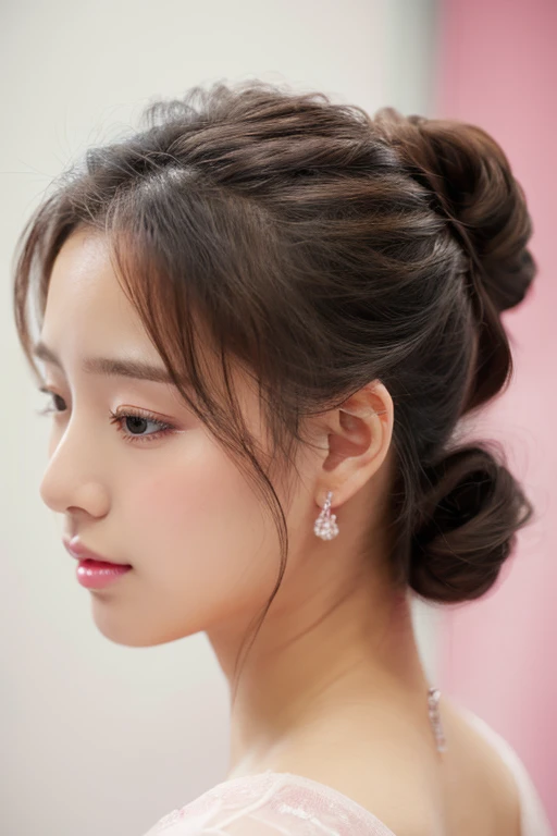 Masterpiece, Best Quality, 1girls, profile, ponytail, updo hair, nape of neck, pink lips, slightly upturned nose, long eyelashes, realistic skin texture, attractive face, blurred, white background