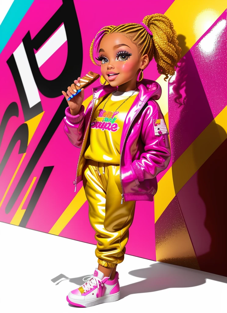 create an illustration of a beautiful African American toddler that is standing next to a giant "Twix" candy bar. She is lavishly dressed in a tanish gold sweat suit with "Twix" on it and matching shoes. she sports a super cute hair style and candy jewelry. This is a digital illustration with a shimmer glitter gloss effect, boijie, divacore, pop art, bratts doll, chibi, 32k UHD