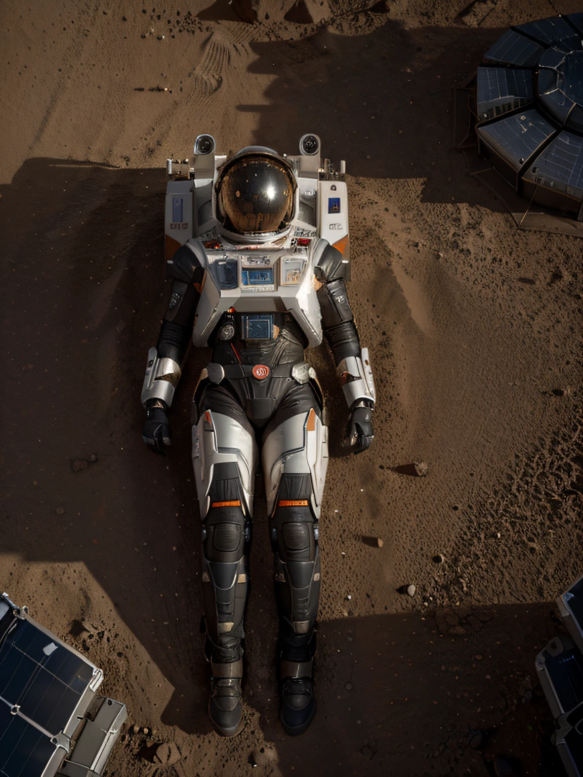 On Mars, a huge cutting-edge machine is at work. Metallic glossy texture, solar panels, astronauts distributed on the Mars ground. Bright picture, robot, starry sky, daytime, exploring vehicle details, super wide angle, bird's eye view, high realism, light and dark