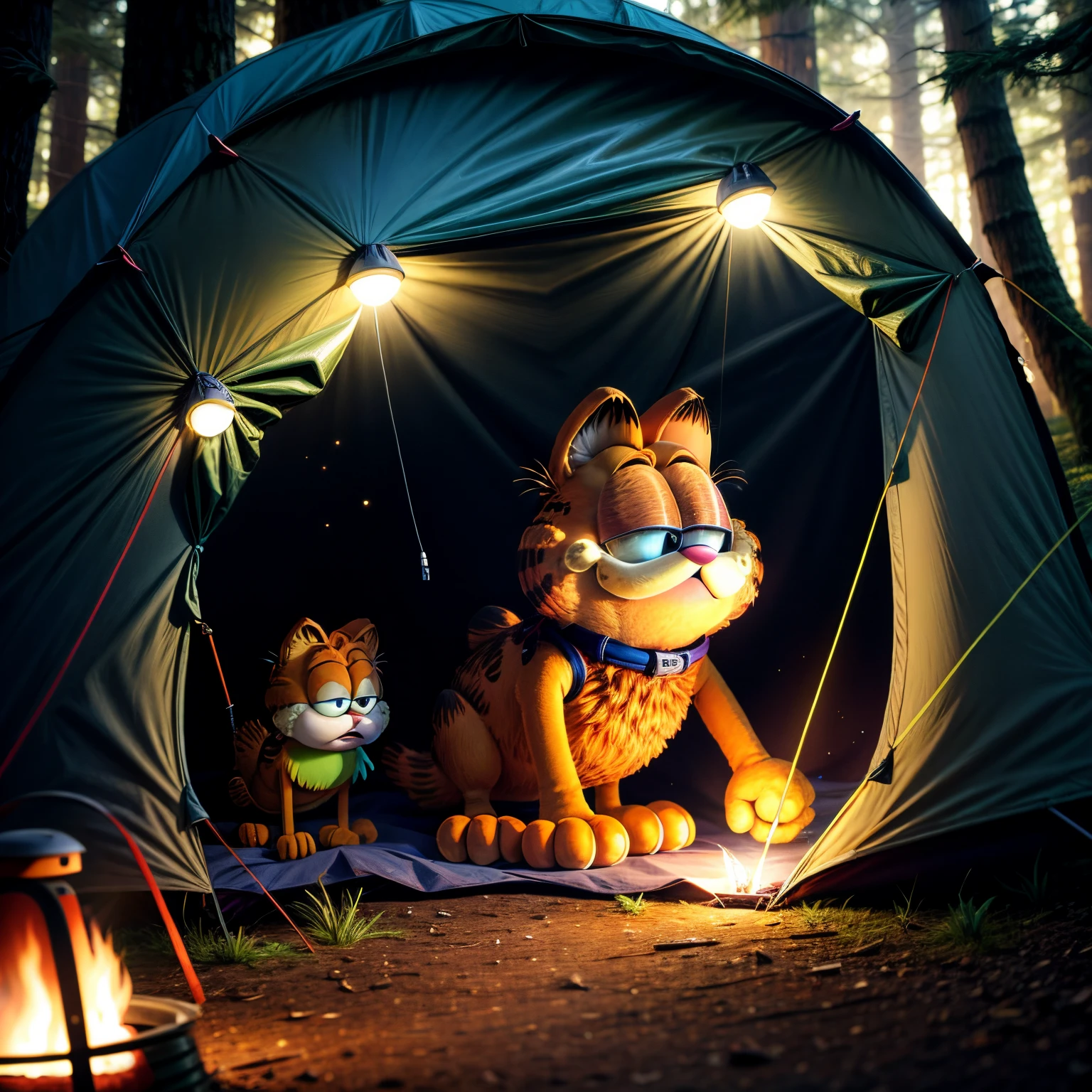 tmasterpiece, Best quality，Garfield once went camping with his owner Jon and his dog Odie. as they sit around the campfire, Garfield suddenly heard a strange noise coming from the dark woods.. He looked up，Saw a pair of shining eyes staring at him. Jon and Odie didn&#39;t notice anything unusual, But Garfield is scared. He ran back to the tent quickly，hide under blanket，too horrible