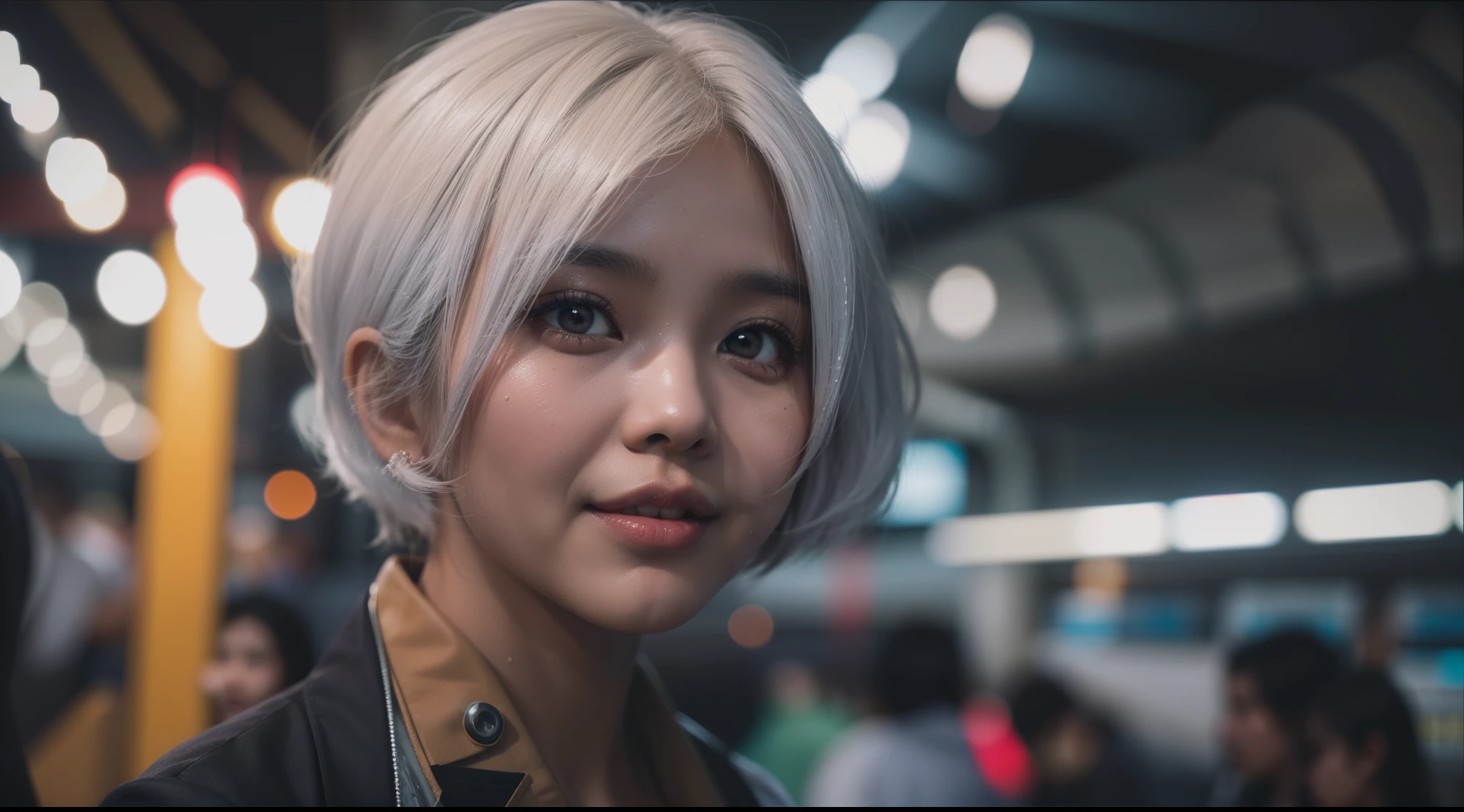 milf, matured malay women, (mira filzah:1.2),short white hair, beautiful, lying on bed, sagging breast, sexy pose, seducing, slim body, textured skin detail, detailed skin, wet body, wet face,wrinkles in face and body, small breast, small tits, flat chest, very short hair, touching her hair, in train station, crowded with people night train station background, 4k, bokeh, blur background, tie,Dynamic pose, Night city background with beautiful lighting, bokeh,extreme close up , Prores lense, Low angle shot, Desaturated color grading, rear projection, Tungsten light, Dynamic shadows, indie