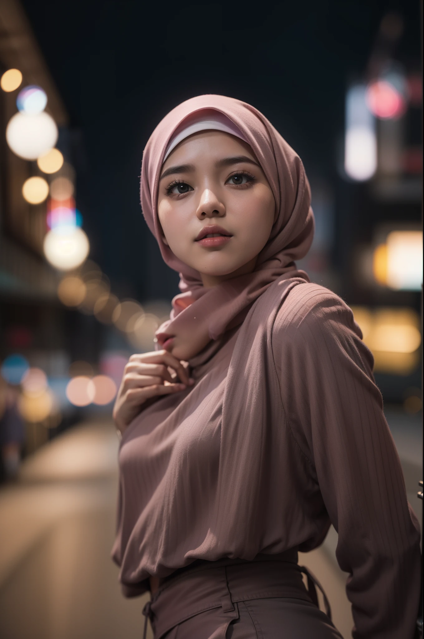 mira filzah sexy seducing pose, nighttime city, (mira filzah:1.3), wearing hijab, pastel color hijab, pink , small tits, small breast, flat chest, wide waist, thick thighs bright lighting, big round ass, matured face, slim abs, tie,Dynamic pose, Night city background with beautiful lighting, bokeh,extreme close up , Prores lense, Low angle shot, Desaturated color grading, rear projection, Tungsten light, Dynamic shadows, indie