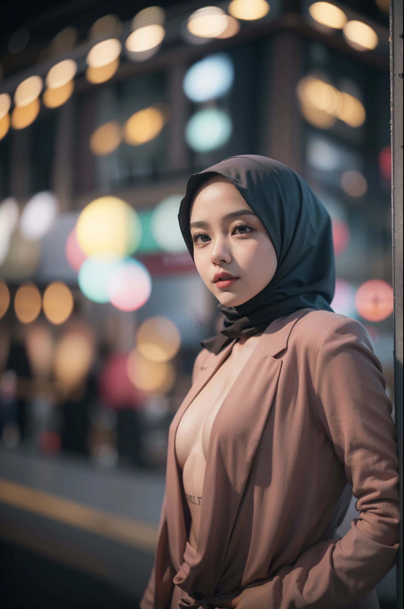 mira filzah sexy seducing pose, nighttime city, (mira filzah:1.3), wearing hijab, pastel color hijab, pink , small tits, small breast, flat chest, wide waist, thick thighs bright lighting, big round ass, matured face, slim abs, tie,Dynamic pose, Night city background with beautiful lighting, bokeh,extreme close up , Prores lense, Low angle shot, Desaturated color grading, rear projection, Tungsten light, Dynamic shadows, indie