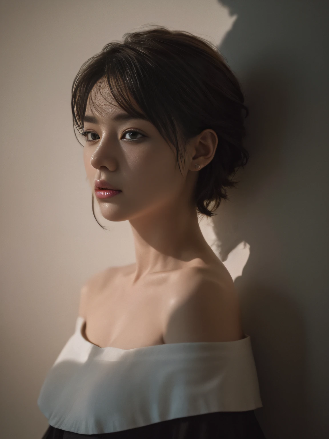 Best quality, masterpiece, ultra high res, (photorealistic:1.5), raw photo, 1girl, offshoulder, in the dark, deep shadow, low key, cold light, sexy look, short hair