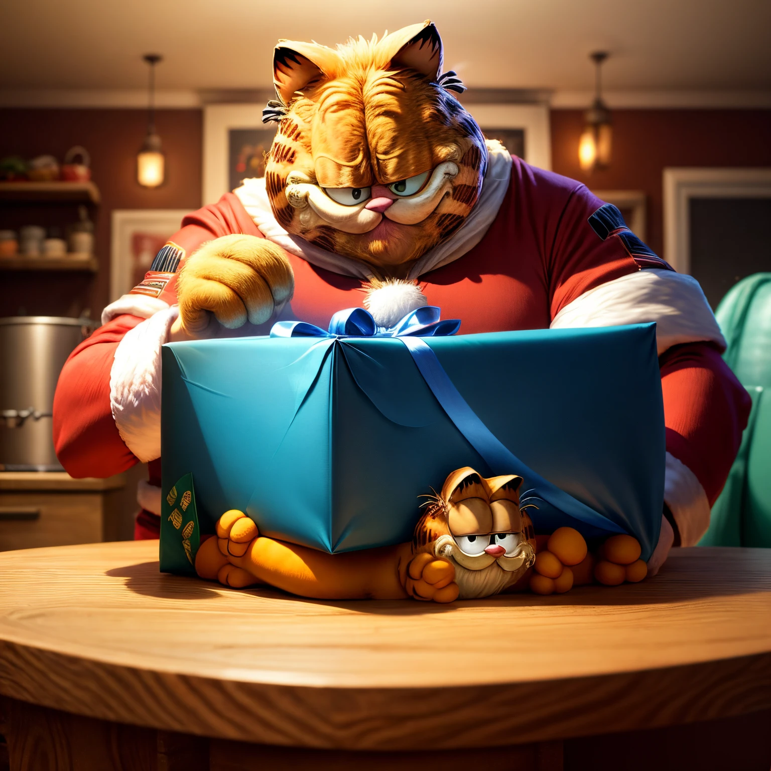 tmasterpiece, Best quality at best,Garfield was once invited to a holiday party at Jon's work. as he walked through the crowd, He suddenly heard a loud noise "Hahaha" came from the other side of the room. He looked up and saw a man dressed as Santa Claus, His eyes sparkled with excitement. He quickly ran to Santa Claus,climb into his lap, Purr contentedly. Santa Claus smiled and scratched Garfield behind the ear, Garfield couldn't help but feel grateful for the opportunity to meet the great man in person. when santa claus hands him a gift, Garfield couldn't wait to see what was inside. The gift turned out to be a lasagna shaped cookie cutter, Garfield was so happy. He thanked Santa and ran back to his owner, Eager to show him gifts.
