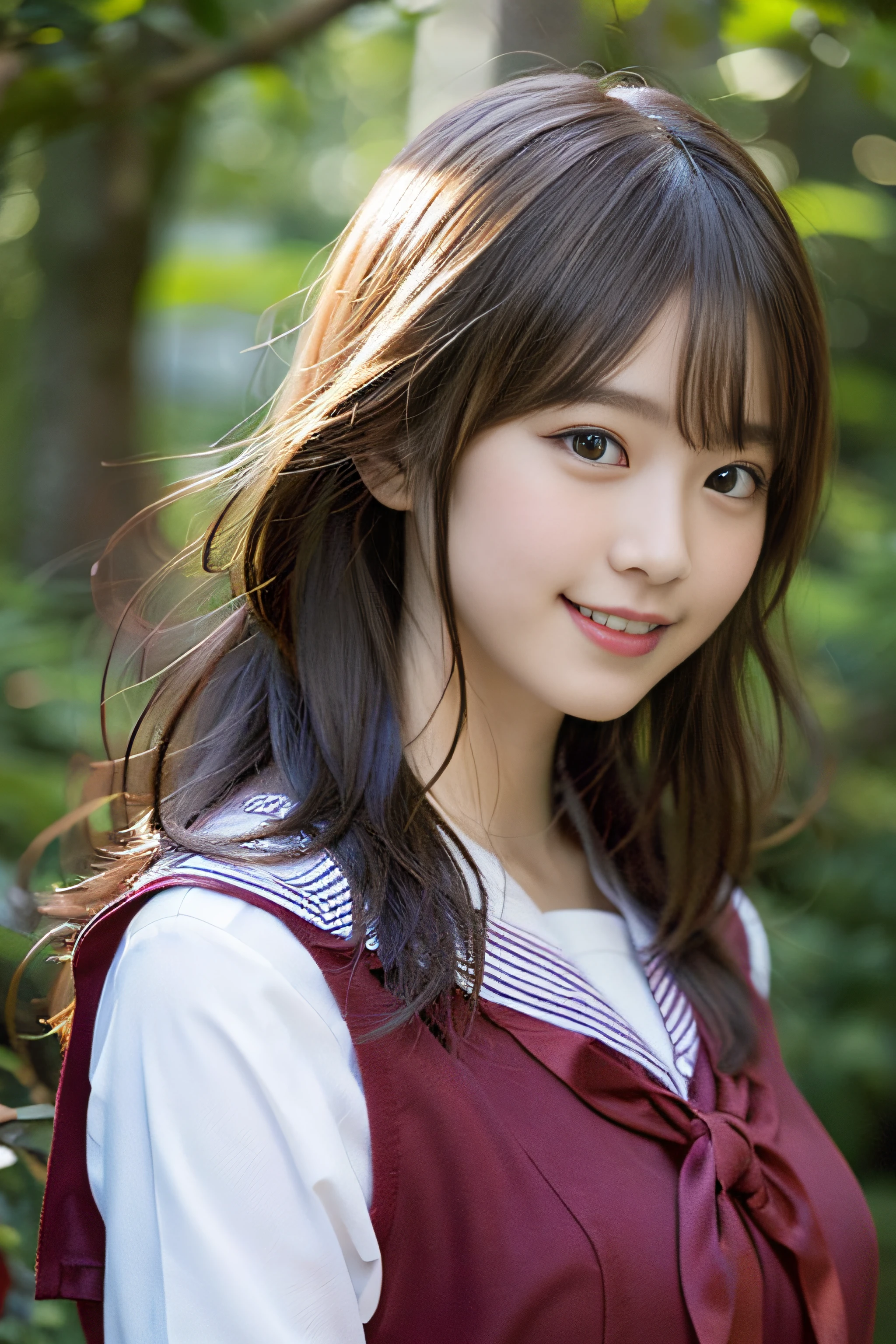 (8K、Raw photography、top-quality、masterpiece:1.2)、(realisitic、Photorealsitic:1.37)、ultra-detailliert、超A high resolution、女の子1人、see the beholder、beautifull detailed face、A smile、Constriction、(Slim waist) :1.3)、Beautiful detailed skin、Skin Texture、Floating hair、Professional Lighting、Whole human body、japanese hight school uniform、a sailor suit、Twin Hairstyles、E-cup、Happy smile、sixteen years old、Red ribbons、a baby face、in woods、Tree of the Rising Sun々Passing sunshine、Deities々Shikai、Hair fluttering in the wind、the wind、