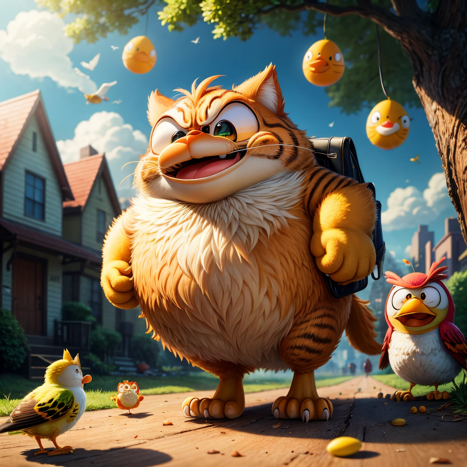 tmasterpiece, Best quality at best，One sunny day, a curious Garfield cat decided to explore his backyard. He stumbled upon a bird's nest filled with eggs and couldn't resist the temptation to crack them open and taste the contents. As he began to devour the eggs, he suddenly heard a loud chirping noise coming from nearby. He looked up to see a group of angry birds flying towards him, determined to protect their nest. Garfield quickly ran back to his house, but not before getting chased by the birds. The chase ended with Garfield running up a tree and the birds flying away, leaving Garfield panting and exhausted. Despite the chaos, Garfield couldn't help but let out a mischievous smile, knowing he had just experienced an exciting adventure.