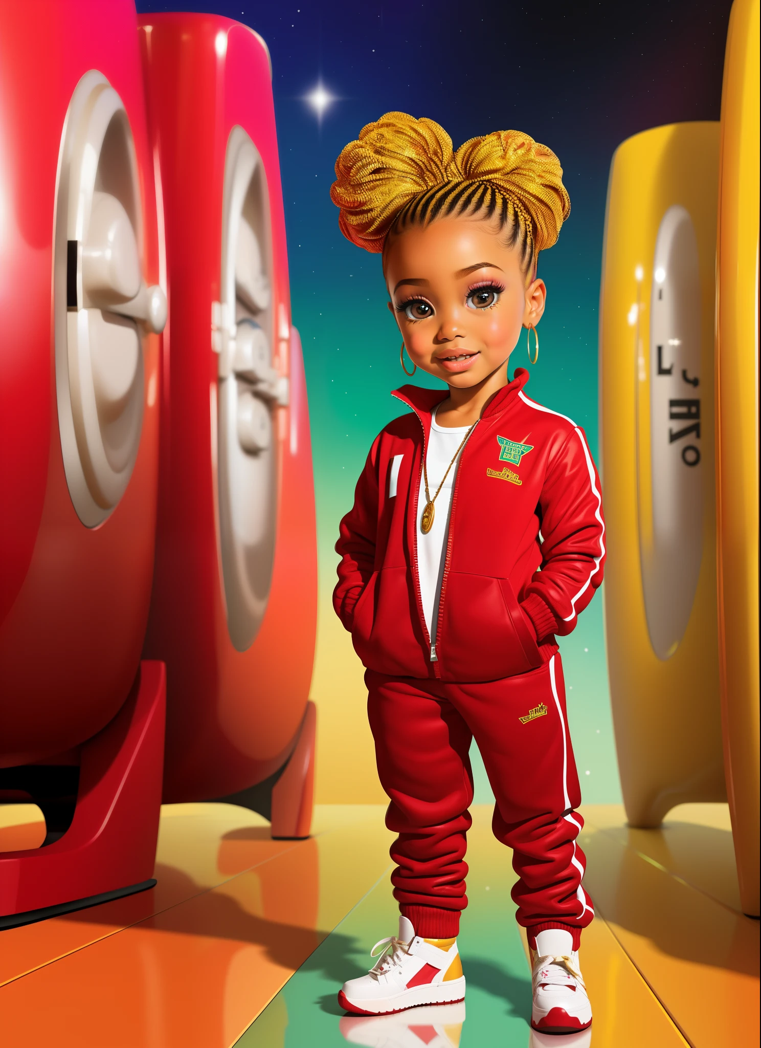 create an illustration of a beautiful African American ddler that is standing next to a giant "Twix" candy bar. She is lavishly dressed in a tanish gold sweat suit with "Twix" on it and matching shoes. she sports a super cute hair style and candy jewelry. This is a digital illustration with a shimmer glitter gloss effect, boijie, divacore, pop art, bratts doll, chibi, 32k UHD