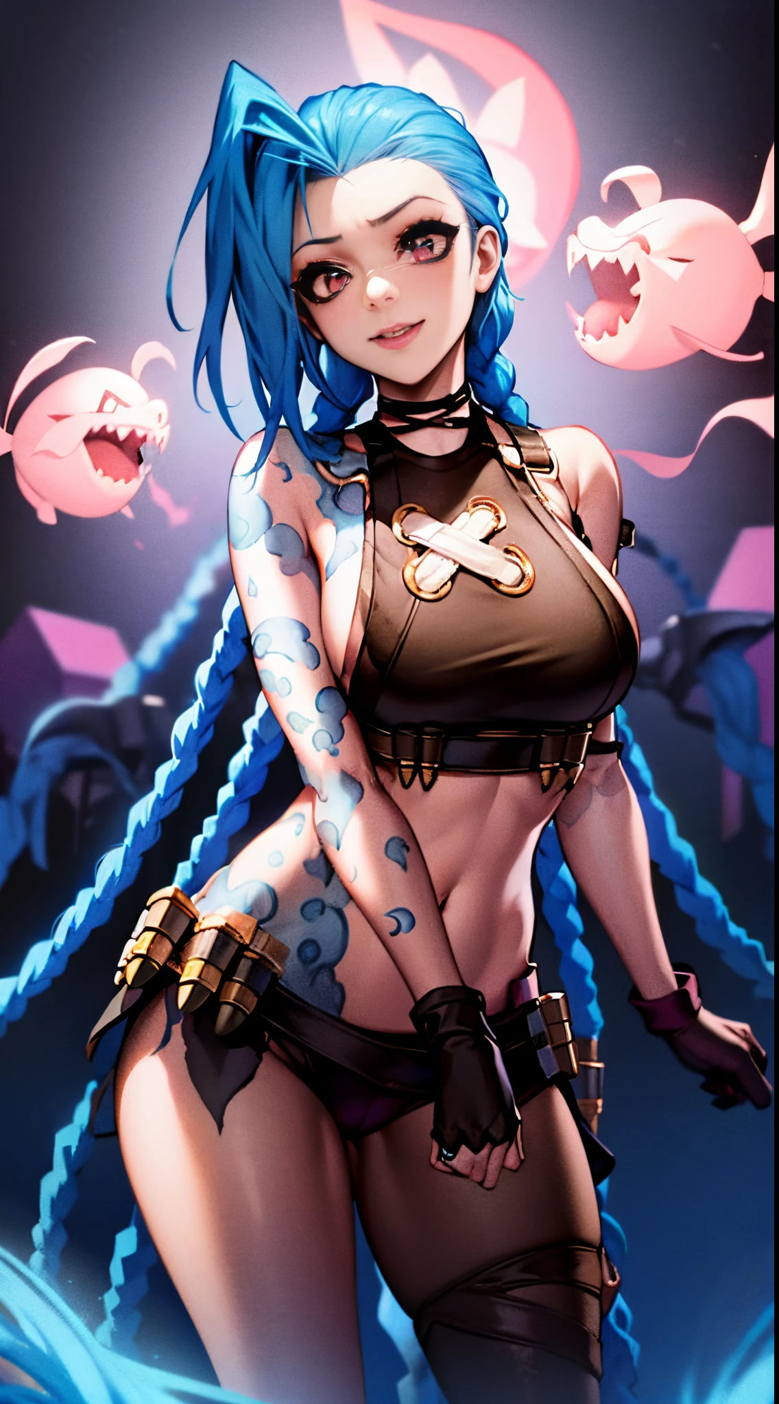 Jinx wedding dress，White Veil，(White wedding dress)，rose tattoo，Giggle smile，Blue twist braid，with a huge pistol，Pistols are taller than people。Lowry on the run，league of legend ，complete crime，(stocklings),black in color，(fish net leggings),(The stands up)，The background is dark and hard，There is a sense of danger and a strong feeling。