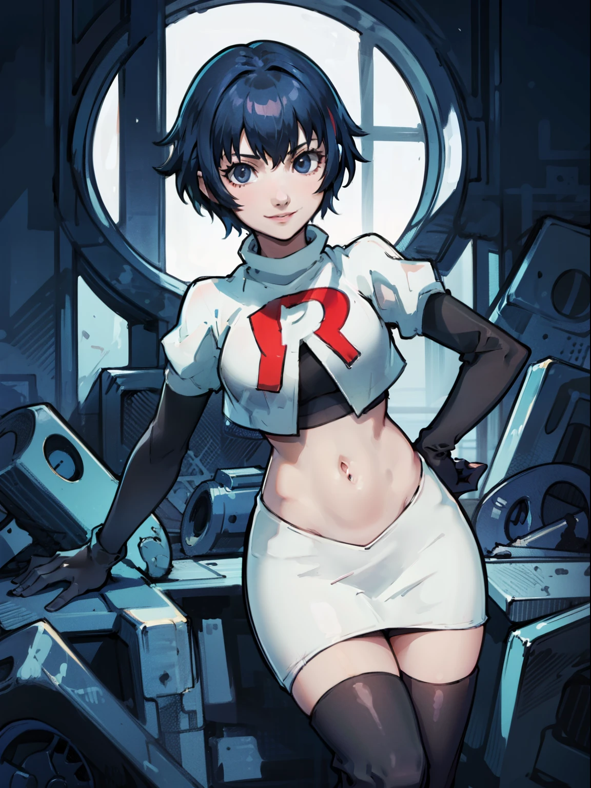 shiroganenaoto, blue hair,  team rocket, team rocket uniform, red letter R, white skirt, white crop top, black thigh-highs, black elbow gloves, evil smile