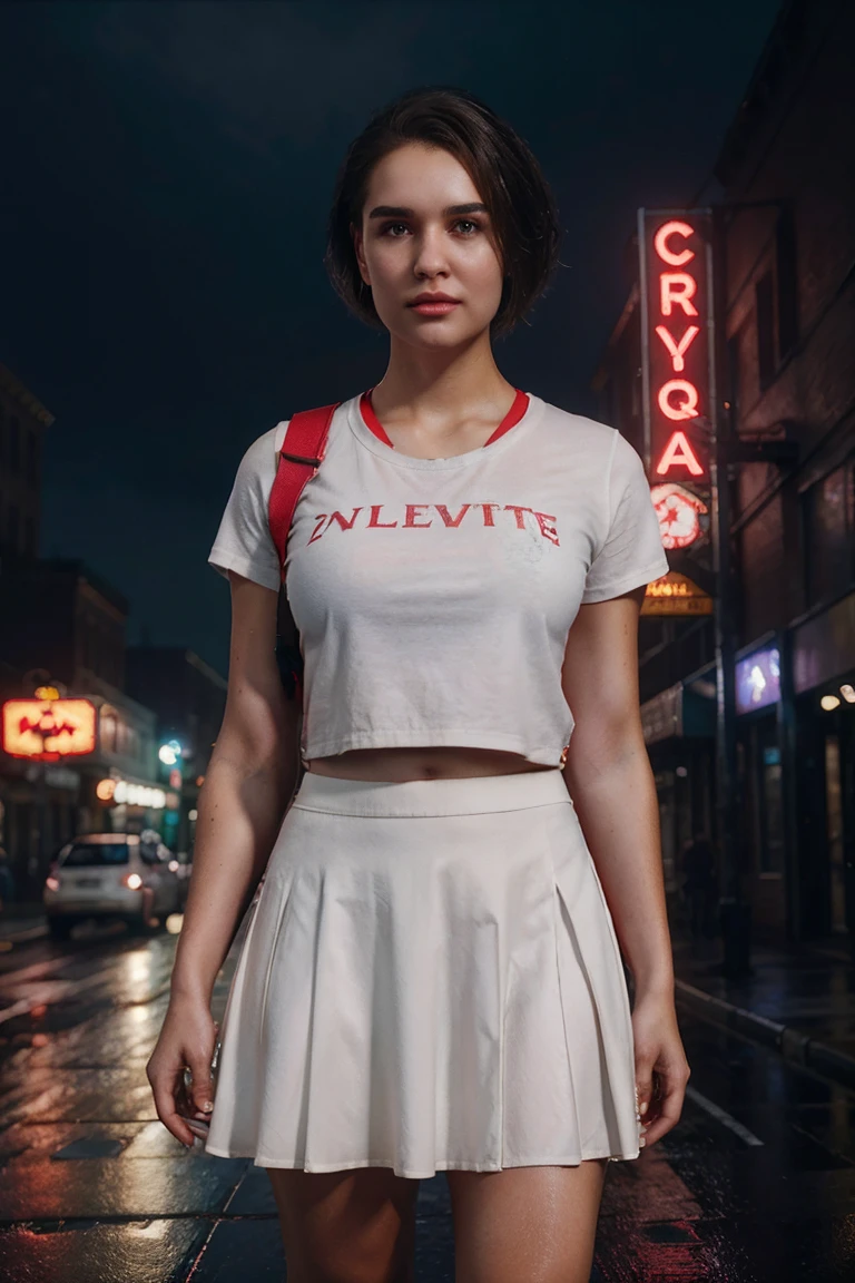 1girl, cowboy shot of zotovalentine, white shirt, red skirt, athletic, city, night, neon, rain, volumetric lighting, best quality, masterpiece, intricate details, tonemapping, sharp focus, hyper detailed, trending on Artstation, realistic,