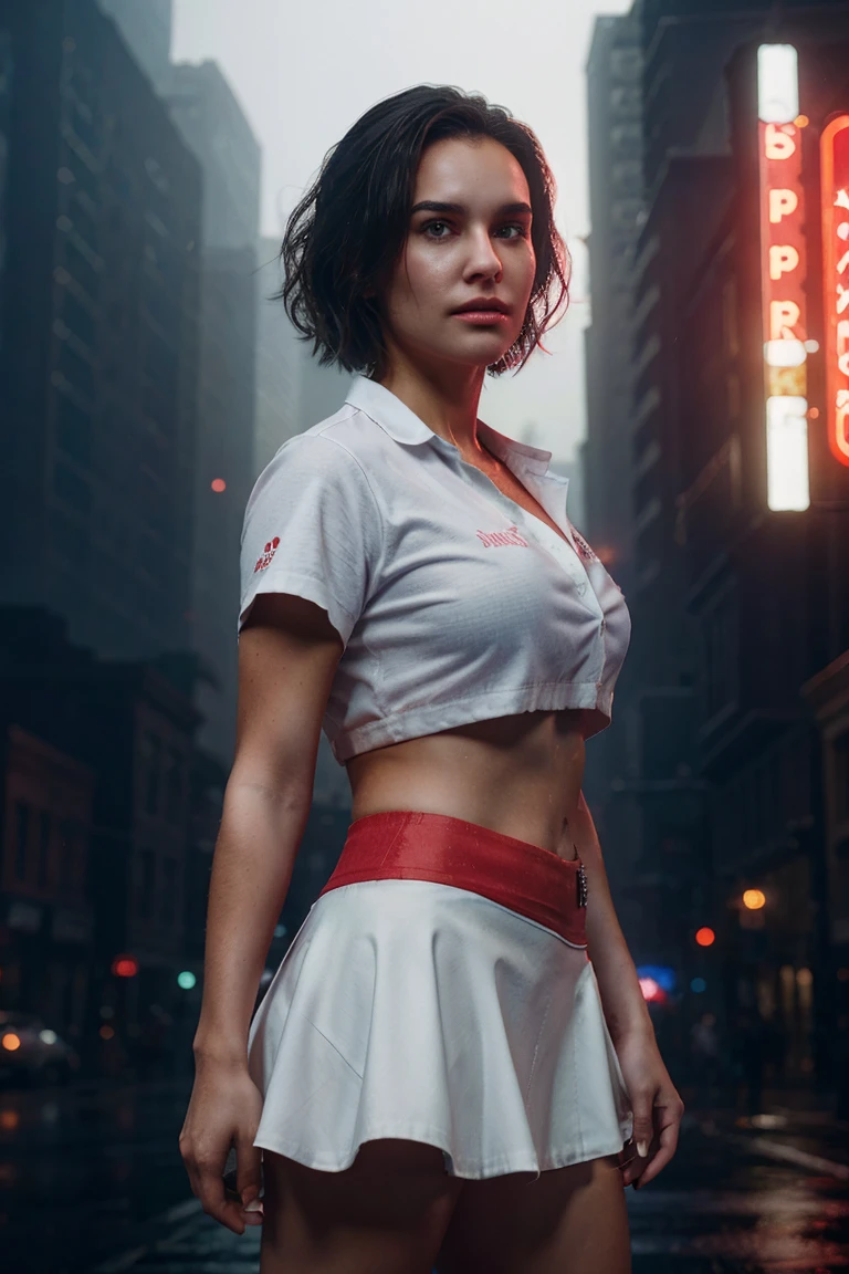 1girl, cowboy shot of zotovalentine, white shirt, red skirt, athletic, city, night, neon, rain, volumetric lighting, best quality, masterpiece, intricate details, tonemapping, sharp focus, hyper detailed, trending on Artstation, realistic,