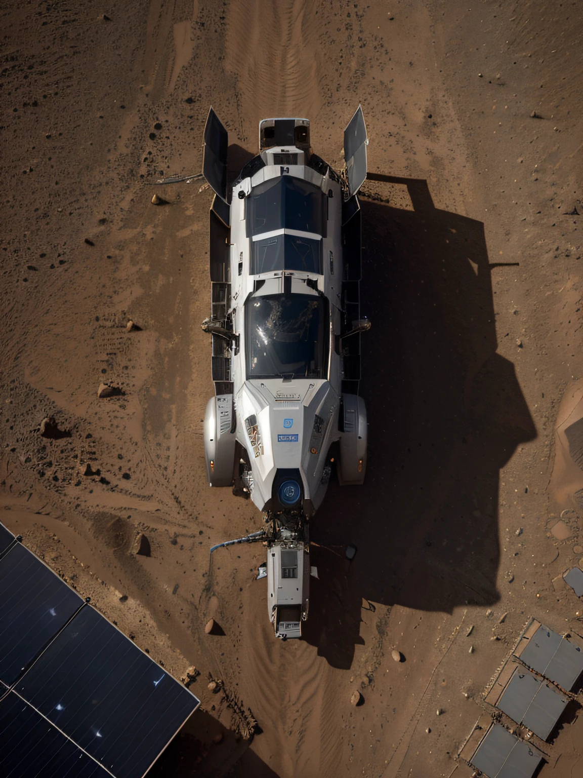 On Mars, a huge cutting-edge machine is at work. Metallic glossy texture, solar panels, astronauts distributed on the Mars ground. Bright picture, robot, starry sky, daytime, exploring vehicle details, super wide angle, bird's eye view, high realism, light and dark