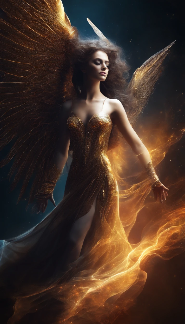 Cosmic Fallen Angel, Bright and clear eyes, Biomechanicals, the strange, fearsome, nightmare, The colors are very vivid, Light particles, There is bright light, Mshiv, wallpaper art, ultra HD wallpaper,natta,with black background,Contre-Jour