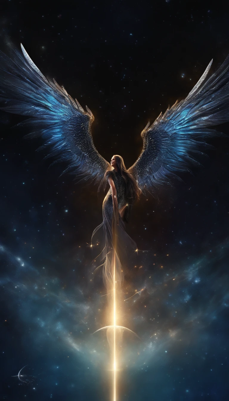 Cosmic Fallen Angel, Bright and clear eyes, Biomechanicals, the strange, fearsome, nightmare, The colors are very vivid, Light particles, There is bright light, Mshiv, wallpaper art, ultra HD wallpaper，natta，with black background，Contre-Jour