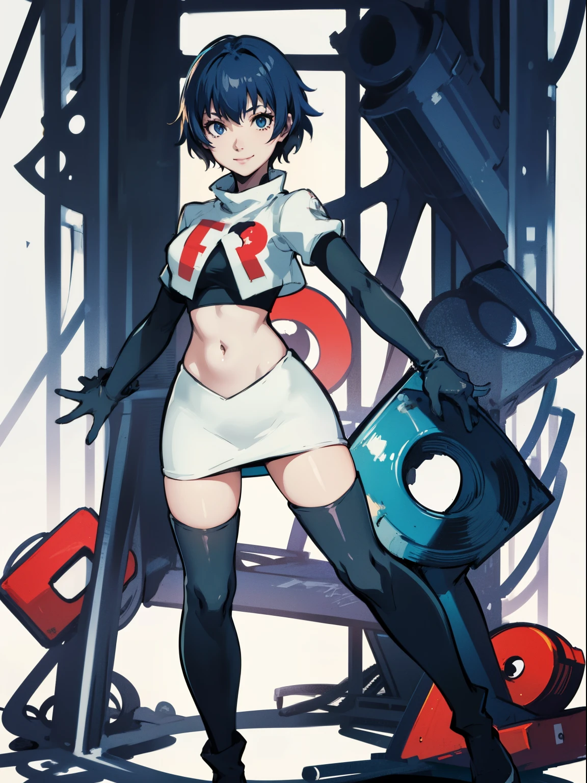 shiroganenaoto, blue hair, team rocket, team rocket uniform, red letter R, white skirt, white crop top, black thigh-highs, black elbow gloves, evil smile