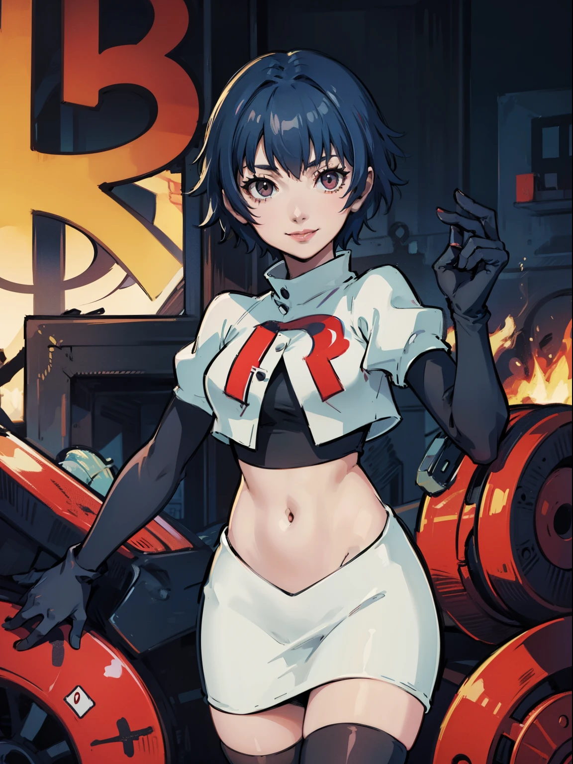 shiroganenaoto, blue hair, team rocket, team rocket uniform, red letter R, white skirt, white crop top, black thigh-highs, black elbow gloves, evil smile