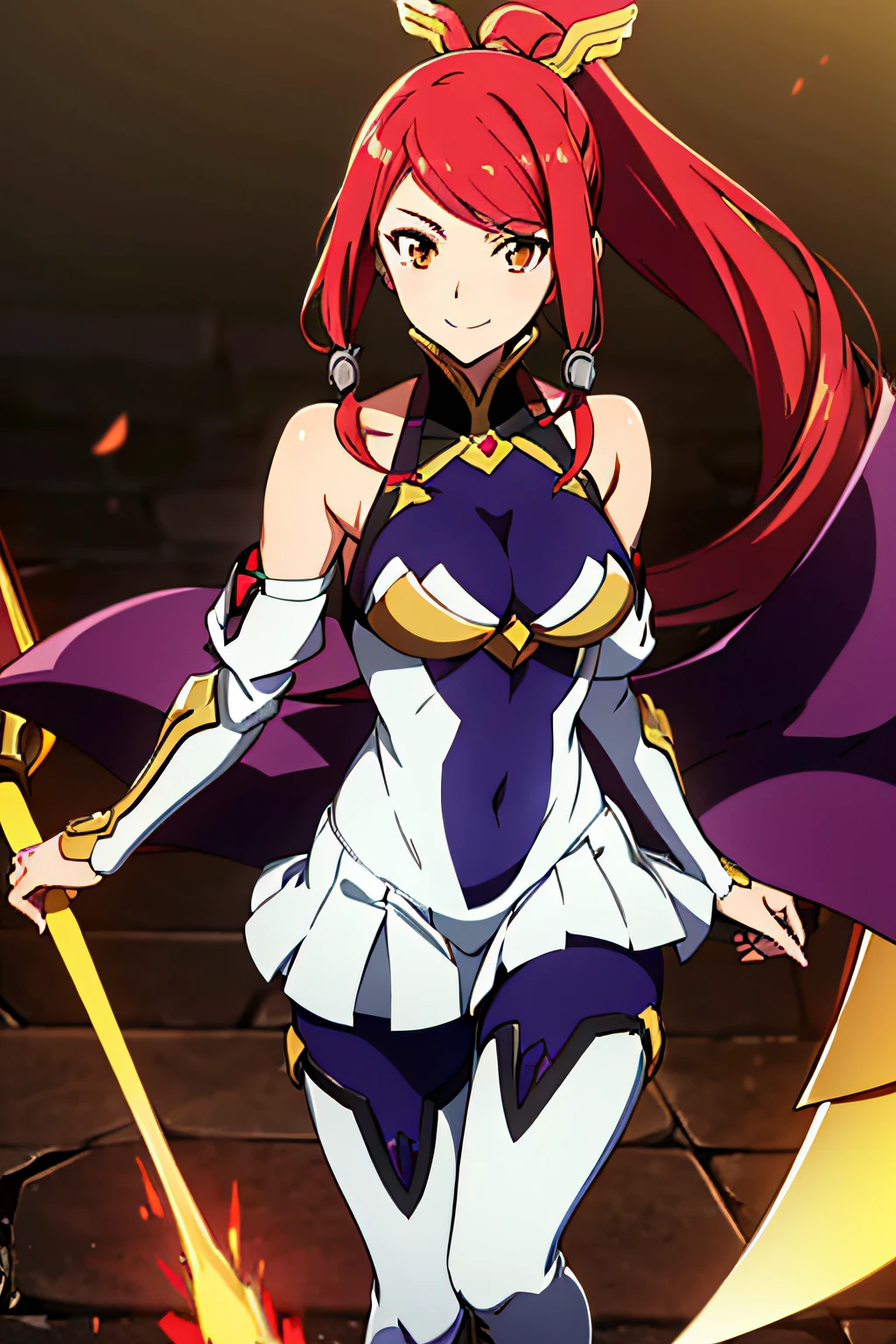 Izayoi (blazblue), orange eyes, red hair, ponytail, long hair, large breasts, armor, bodysuit, boots, skin tight, skirt, thigh boots, thighhighs, 1girl, solo, facing viewer, looking at viewer, upper body, smile,