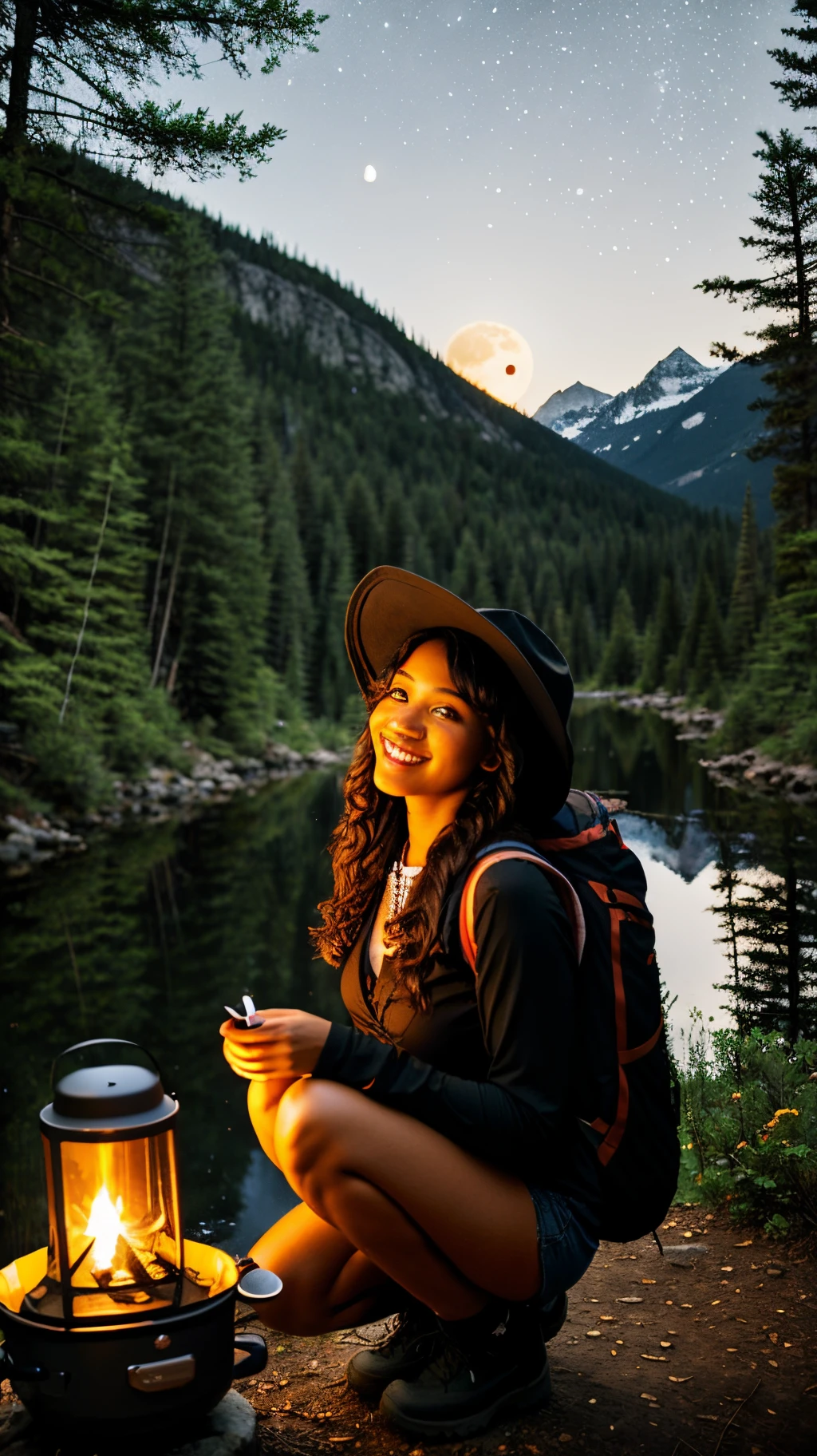 1 black woman wearing a lingerie ((upper body selfie, happy)), masterpiece, best quality, ultra-detailed, solo, outdoor, (night), mountains, nature, (stars, moon) cheerful, happy, backpack, sleeping bag, camping stove, water bottle, mountain boots, hat, lantern, forest, rocks, river, wood, smoke, shadows, contrast, clear sky, style, (warm hue, warm tone)
