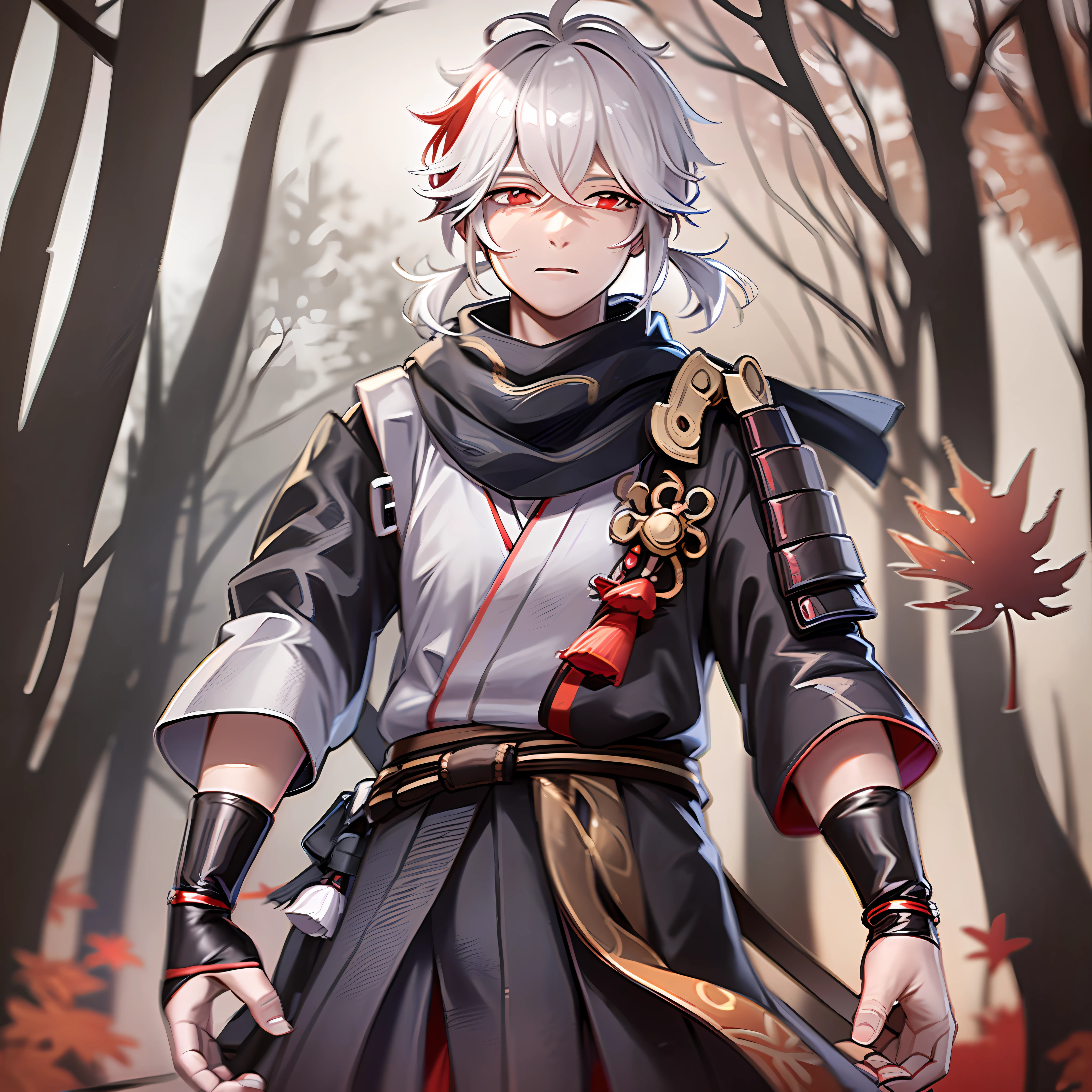 The white hair is tied into a short braid and placed behind the head, and the diagonal underside of the two dull hairs on the top of the head is a red dye with the same color as the pupil. He wears a gray samurai uniform, with only half of the outermost kimono with the right half of the tunic tied around his waist and his right sleeve hanging behind him. Around his neck were two scarves, one black and one red, on which the Eye of God was pinned. A maple leaf is tied around the waist, and the scarf, sleeves, and dark red hakama are all printed with maple leaf patterns. The lower body is wearing red tights and black dangdang, shunen, cute, young, the background is a red maple forest, there are maple leaves falling, 4k, anime.