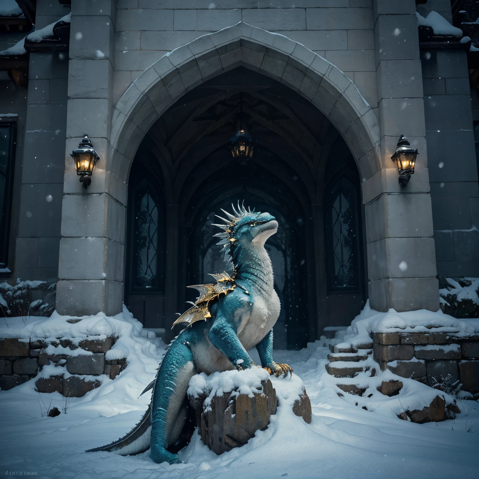 Create a breathtaking digital masterpiece portraying a grand gold dragon, a symbol of wisdom and benevolence, gracefully perched atop the highest tower of a formidable snowy mountain fortress. Envision the dragon's colossal wings, shimmering with a lustrous golden sheen, casting reflections of sunlight on the pristine snow. Emphasize the dragon's majestic presence, with every scale glinting in the sunlight and its eyes radiating an otherworldly intelligence.
Incorporate intricate details into the snowy mountain landscape, ensuring a realistic depiction of the icy terrain. Convey the fortress's architectural grandeur, adorned with snow-covered turrets and battlements. Showcase the subtle play of light and shadow on the snow, capturing the crisp, cold atmosphere of the mountain setting.
Consider the surrounding environment as the dragon's breath creates ethereal wisps of frosty air, blending seamlessly with the wintry atmosphere. The fortress should evoke a sense of ancient strength and mystery, with hints of its history visible in weathered stone and time-worn structures.
To enhance the fantastical element, you may want to include subtle magical details, such as glowing runes or enchantments on the dragon'