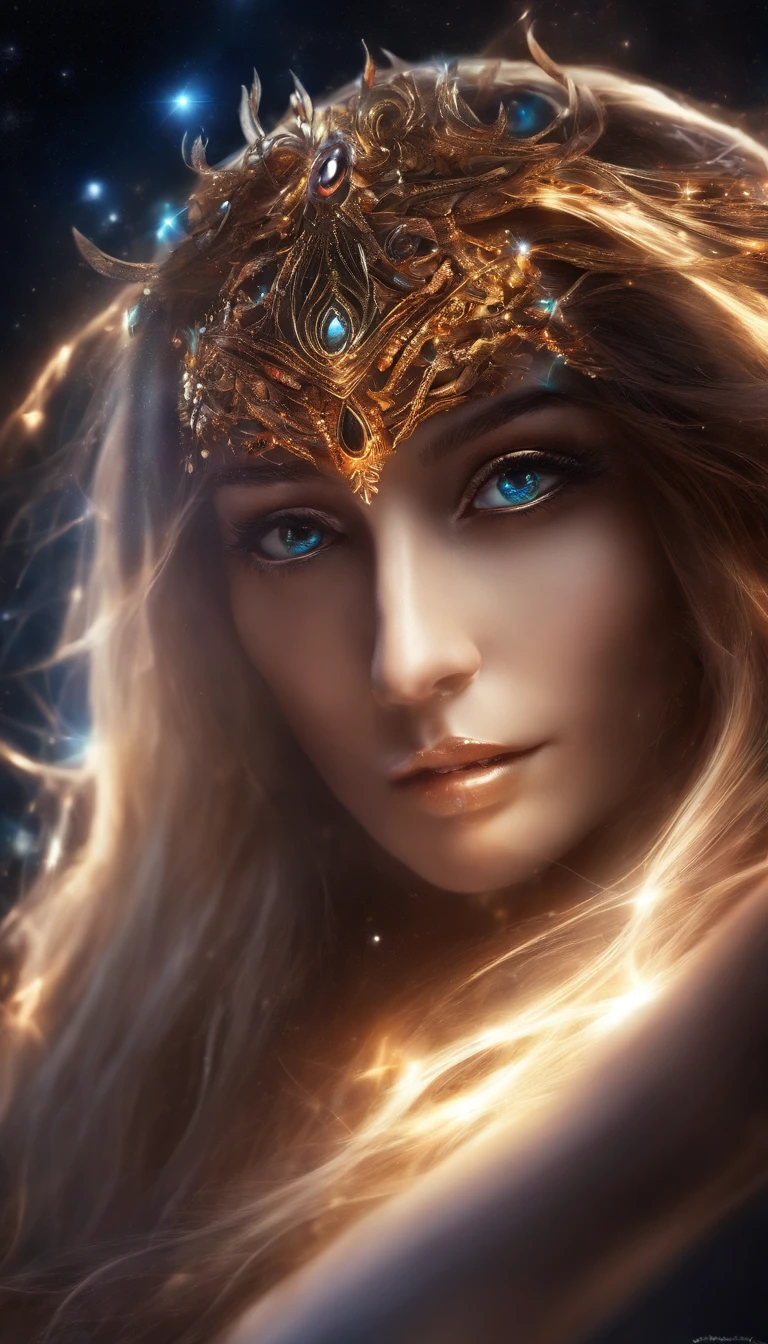 closeup of Cosmic Fallen Angel, Bright and clear eyes, Biomechanicals, the strange, fearsome, nightmare, The colors are very vivid, Light particles, There is bright light, Mshiv, wallpaper art, ultra HD wallpaper，natta，with black background，Contre-Jour