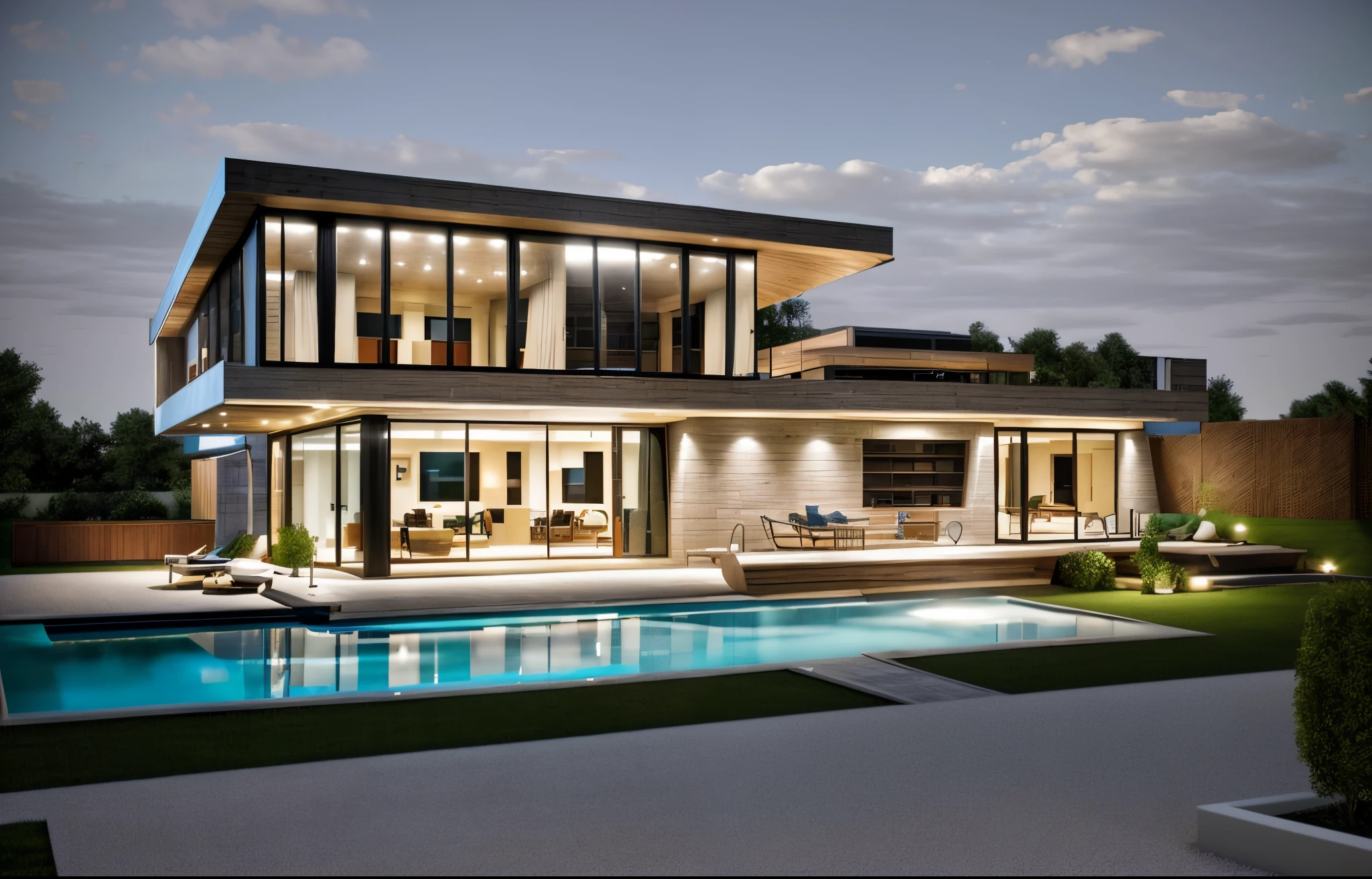 A modern villa is a chic and functional residence, featuring clean lines, large windows, and an open layout. Constructed with materials like glass and steel, it seamlessly integrates indoor and outdoor spaces. The interior is characterized by a minimalist design, open floor plans, and high-tech amenities. A key highlight is the inclusion of a stylish swimming pool, enhancing the overall luxurious ambiance, realistic photo, 3d render