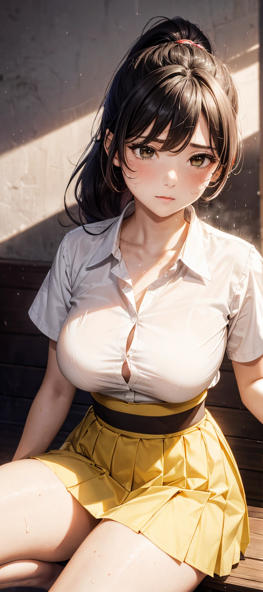 1womanl,ar old,k head hair,Beautiful ponytail hairstyle, (yellow high waist skirt:1.3),, (whiteshirt:1.3), (double-breasted,Underbust:1.2), Short sleeves, buttonGap,moaning,small tits,Sweaty shirt,Thigh sweat,half squatting,Legs wide open,My crotch is wet,lift up skirt,Mansuji,Pants are sheer,shy, embarrassed, blushing