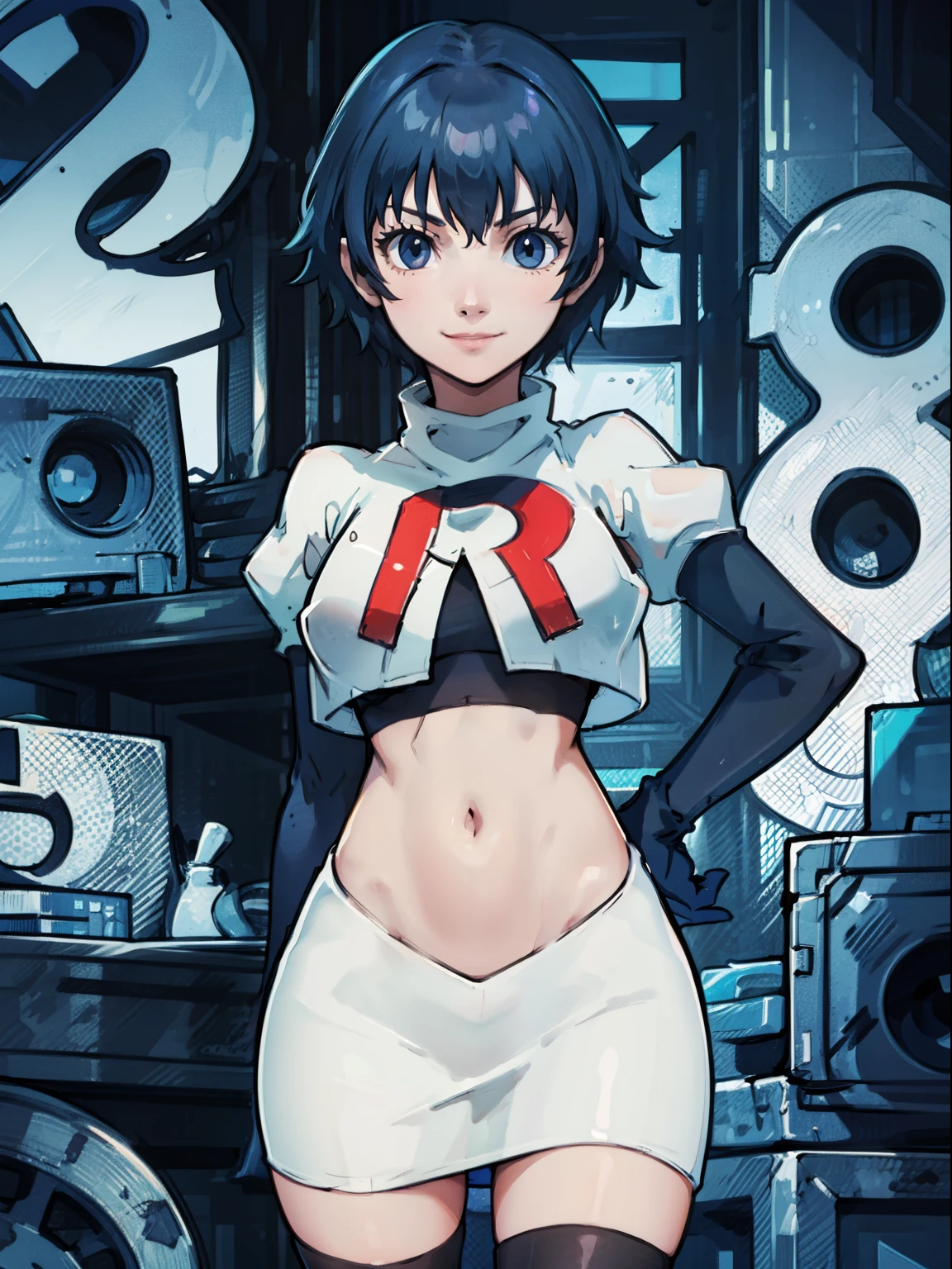 shiroganenaoto, blue hair, blue eyes, team rocket, team rocket uniform, red letter R, white skirt, white crop top, black thigh-highs, black elbow gloves, smile, arms crossed