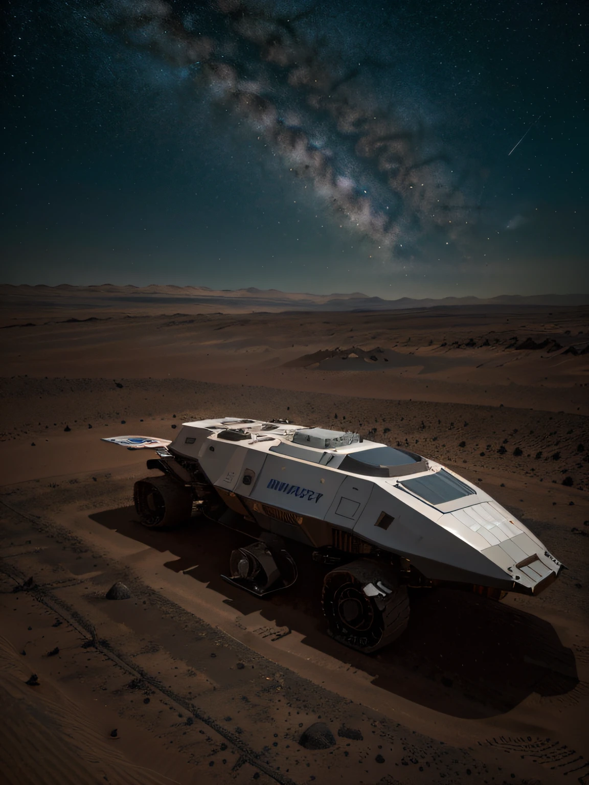 On Mars, a huge cutting-edge machine is at work. Metallic glossy texture, solar panels, astronauts distributed on the Mars ground. Bright picture, robot, starry sky, daytime, exploring vehicle details, super wide angle, bird's eye view, high realism, light and dark
