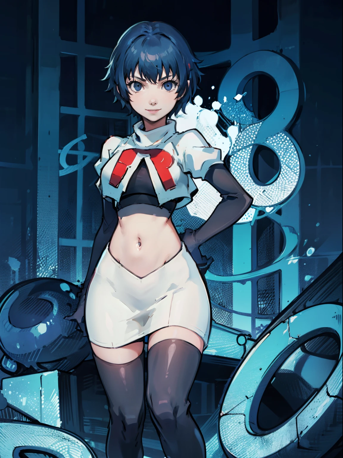 shiroganenaoto, blue hair, blue eyes, team rocket, team rocket uniform, red letter R, white skirt, white crop top, black thigh-highs, black elbow gloves, smile, arms crossed