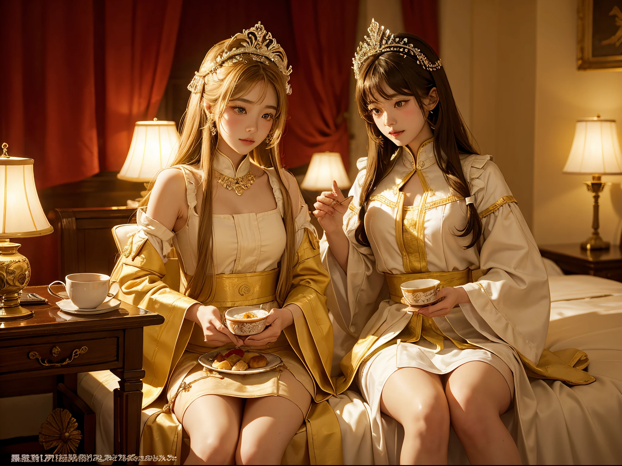 masterpiece、UHD、highest grade、8k、16k、Palace bedroom、A beautiful age servant brings breakfast to his master.、电影灯光、Divine Light、full bodyesbian、frombelow、upskirt