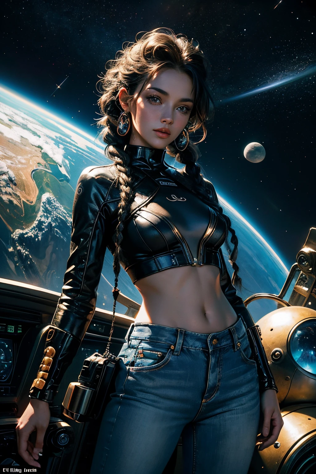 ultra detailed illustration of a woman, depict the timeless beauty and spirit of a woman from 1990. She has a braided hairstyle as used to be in the 80's with lots of thin braids. She is wearing very low rise jeans and a crop top, 90's clothes. 90's environment, art by MSchiffer, A thrilling space odyssey unfolds as a group of intergalactic adventurers embark on an outlandish journey through uncharted celestial realms, their starship traversing vibrant nebulae and alien planetscapes. by alex1shved This vivid image, depicted in a breathtaking digital painting, captures the awe-inspiring beauty and fantastical nature of their voyage. The starship gleams with polished chrome, adorned with pulsating neon lights that illuminate the inky darkness of outer space. Otherworldly flora and fauna dot the unparalleled landscapes, their vibrant hues instantly captivating the viewer. Every minute detail, from the intricate spaceship design to the intricate patterns on the travelers' space suits, is meticulously rendered with impeccable skill, producing a masterful image that transports viewers into the realm of the extraordinary. by alex1shved
