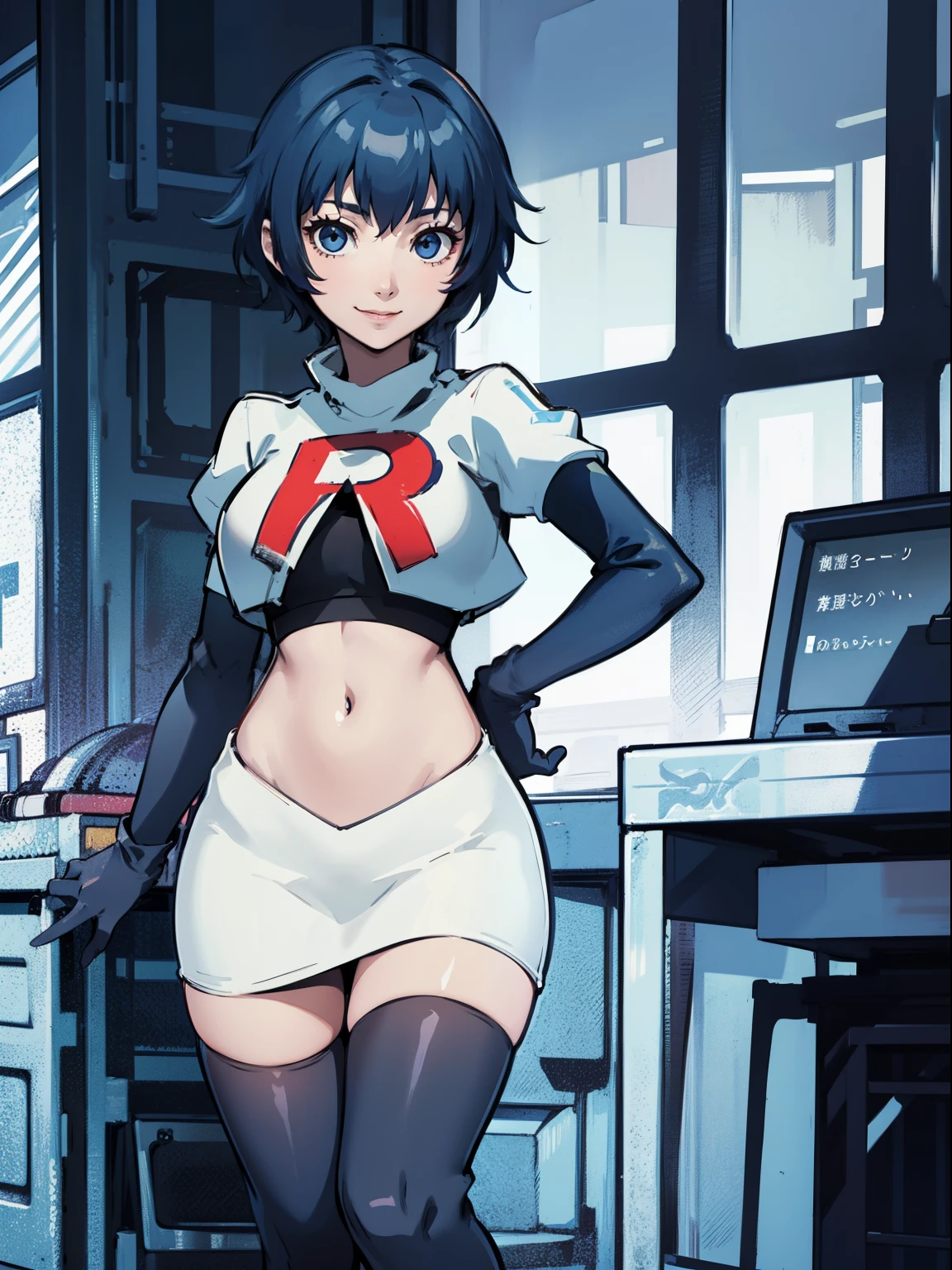 shiroganenaoto, blue hair, blue eyes, team rocket, team rocket uniform, red letter R, white skirt, white crop top, black thigh-highs, black elbow gloves, smile, sexy pose