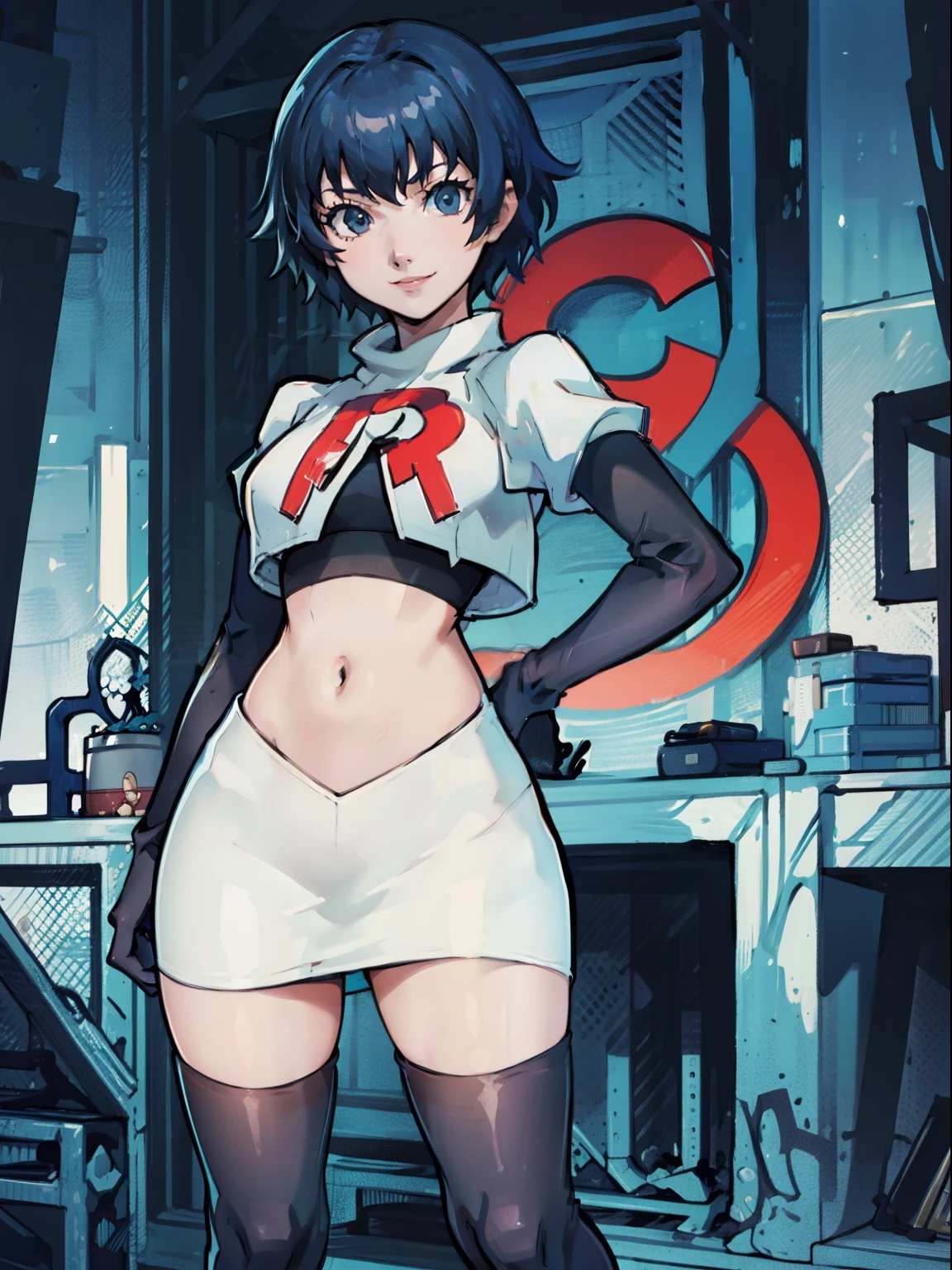 shiroganenaoto, blue hair, blue eyes, team rocket, team rocket uniform, red letter R, white skirt, white crop top, black thigh-highs, black elbow gloves, smile, sexy pose