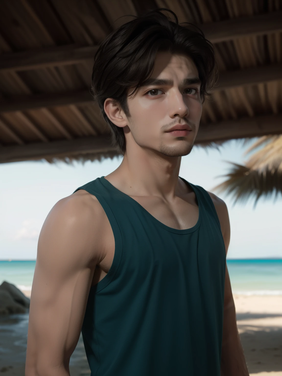 top-quality、​masterpiece、超A high resolution、(Photorealsitic:1.5)、Raw foto、male people（2guys）、homoerotic、Tank tops、murky、deep-shadows、Unobtrusive、cold light、Sexy appearance、shorth hair、the beach