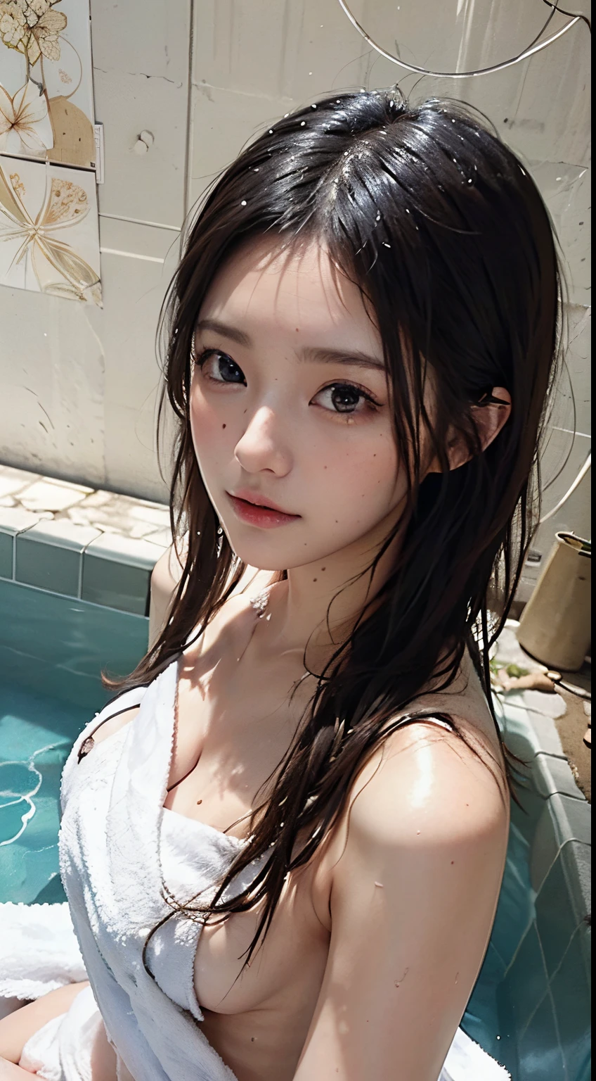 (Hyper-realistic), (Illustration), (High resolution), (8K), (Extremely detailed), (Photorealsitic), (Beautiful detailed eyes), (Best Quality), (Ultra-detailed), (masutepiece), (Wallpaper), (Detailed face), Solo 1 Girl, Black hair, Short hair, (Naked towel:1.4),(White towel:1.2), sauna, Wet, Water, Wet clothes, Bath, hot onsen