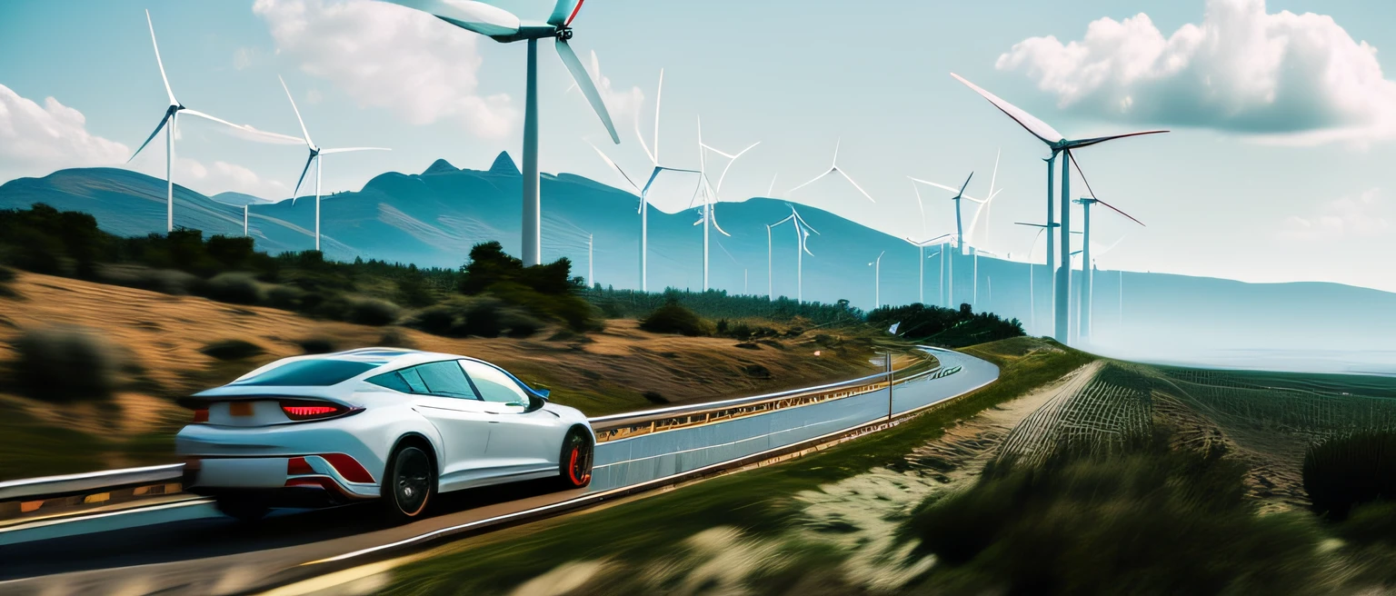 The scene of a car driving on the road,Wind turbines in the background, best adobe stock, Thomas Hafner, charging through city, environmental shot, turbines, author:Franz Haage, cinematic Film still from, new design, author:Carl Walker, inspired by Robert Zünd, author:Jacob Galmain, author:Matthias Wescher