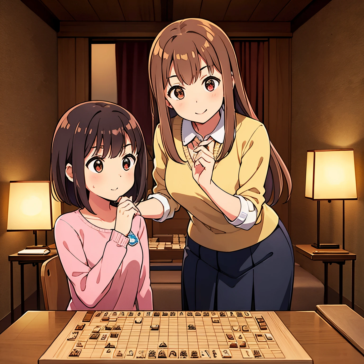 high-level image quality,4K,Shogi player,{Facing each other２Little Woman of Man},Incandescent,hand that stops,calm thinking