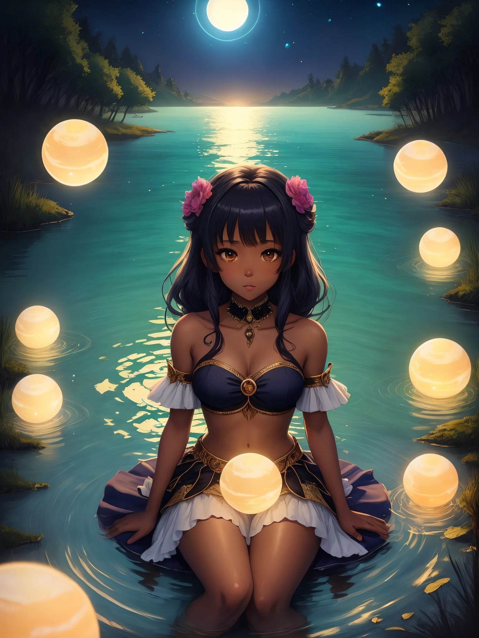 Anime black girl, black fairy princess, sitting in the middle of a lake bathed in moonlight, sprites and light orbs all around