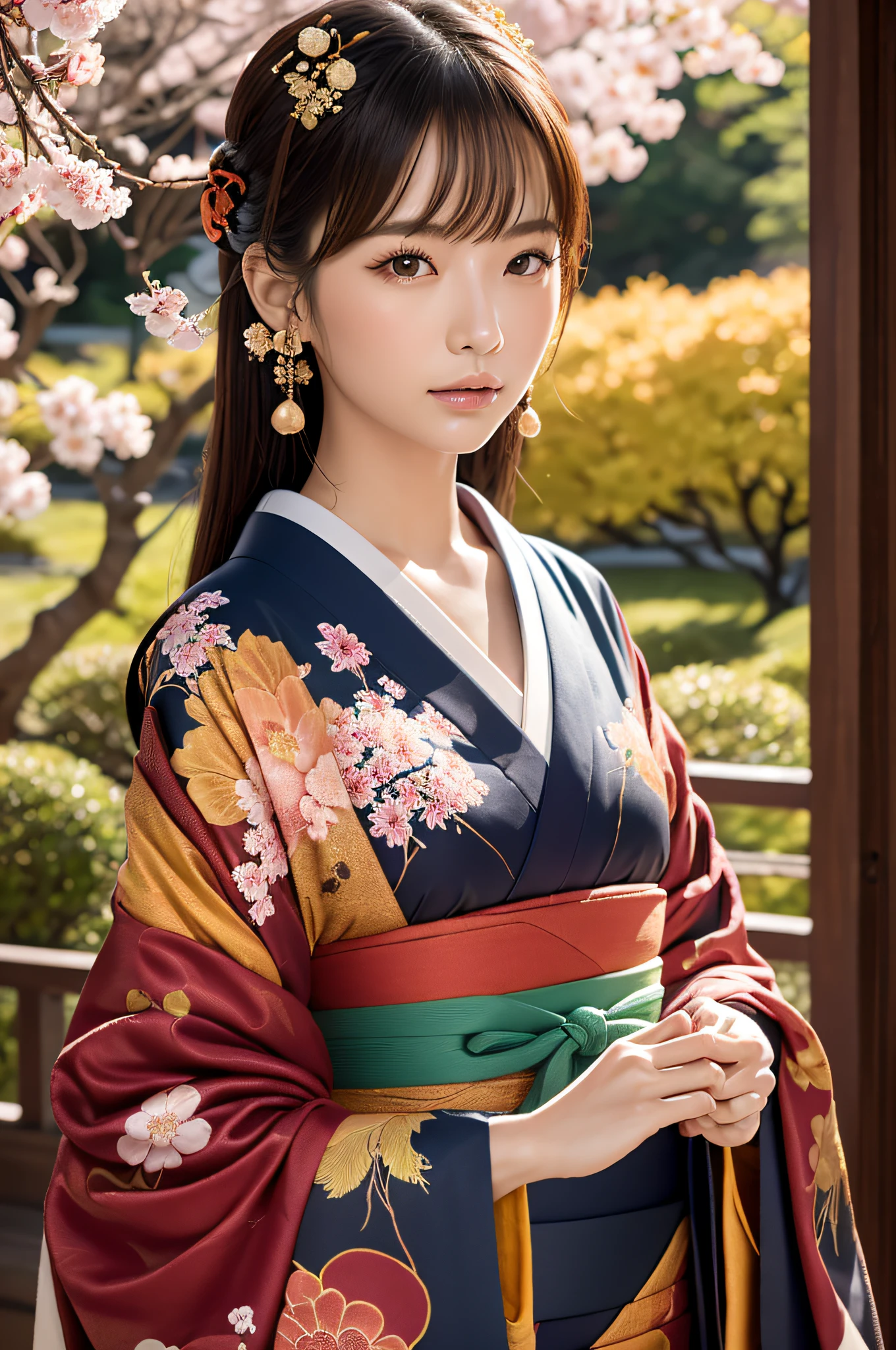Create ultra-realistic CG images of beautiful girls in Japan, 「Lacquer」Spice up the theme (Japan lacquerware) 「Changing seasons」as a sub-theme. Girls、It is necessary to embody the elegance of Japan culture and the beauty of the seasons. Her clothes are、It should be more clearly inspired by the design of traditional lacquerware, Incorporate elements that reflect the changing seasons of Japan, Like cherry blossoms in spring or autumn leaves. The image should be designed to show the pattern of lacquerware clearly, With natural light and textures with attention to detail、It highlights the richness of culture and the beauty of the seasons, Maintain photorealistic quality.