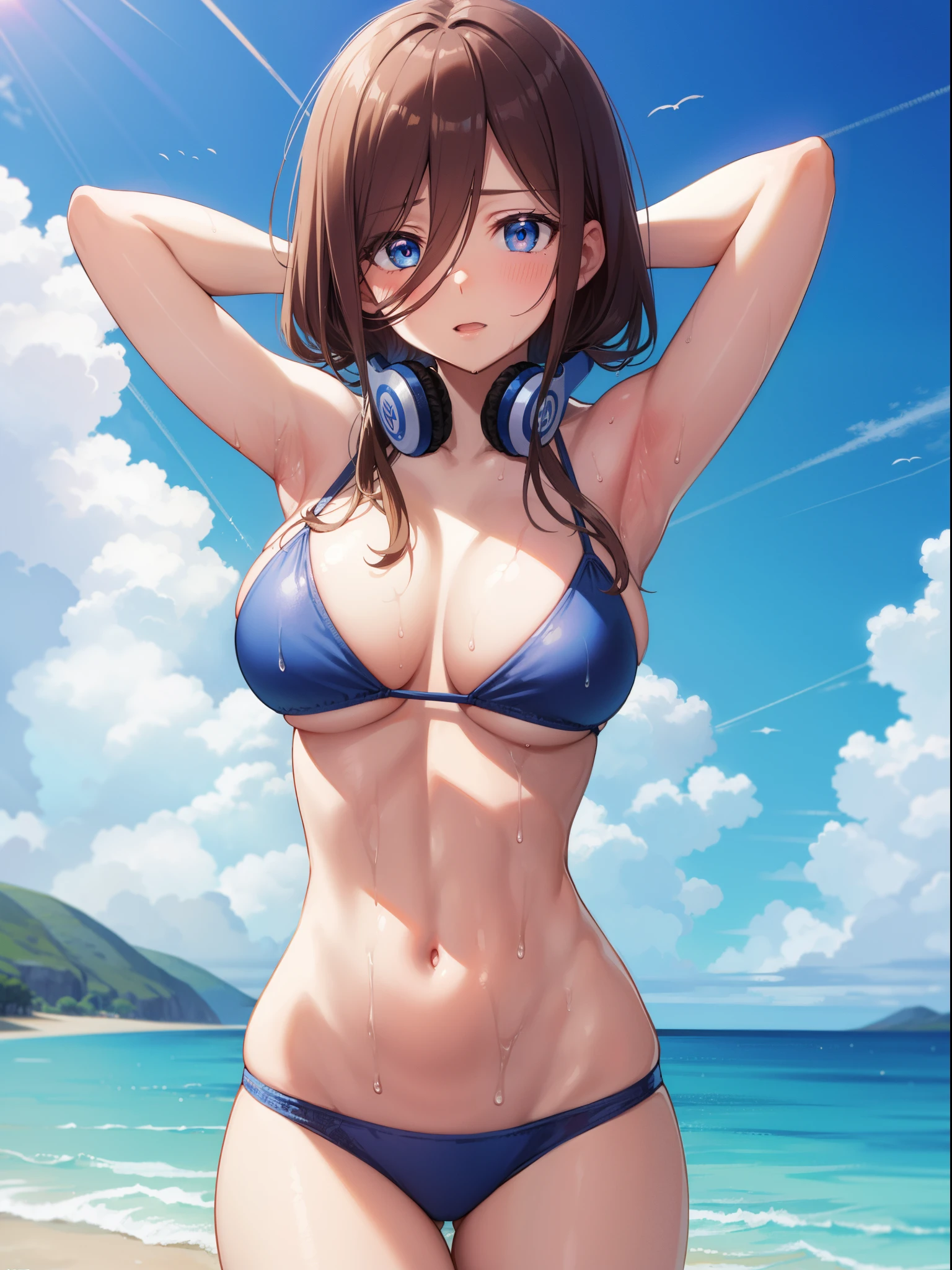 1girl, miku nakano, long hair, bangs, blue eyes, brown hair, hair between eyes, headphones, headphones around neck, (blush:1.1),
BREAK string bikini, (blue bikini:1.3), patternless bikini, huge breasts, Naked, Exposed skin, (Wet skin:1.3), (arms behind head, armpits), standing,
BREAK (sea:1.2), (beach:1.1), (solar:1.2), morning,
BREAK looking at viewer, 
BREAK (masterpiece:1.2), best quality, high resolution, unity 8k wallpaper, (illustration:0.8), (beautiful detailed eyes:1.6), extremely detailed face, perfect lighting, extremely detailed CG, (perfect hands, perfect anatomy),