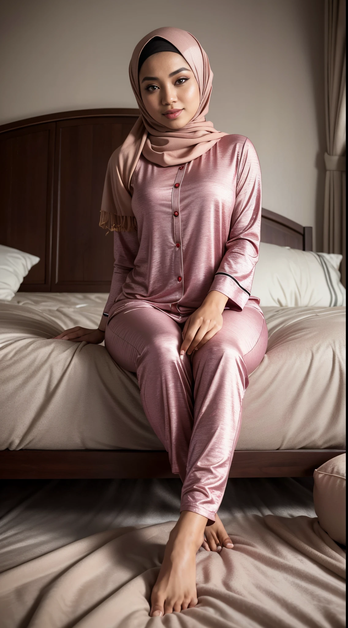 RAW, Best quality, high resolution, masterpiece: 1.3), beautiful Malay woman in hijab (iu:0.8),(Best quality, 8k, masterpiece: 1.3), with perfect figure: 1.2, Malay woman in hijab wearing long sexy pajamas is sitting on the spot sleeping, lying on the bed, detailed photos, professional photos with professional lighting, gentle smile, bedroom, sexy seductive pose,