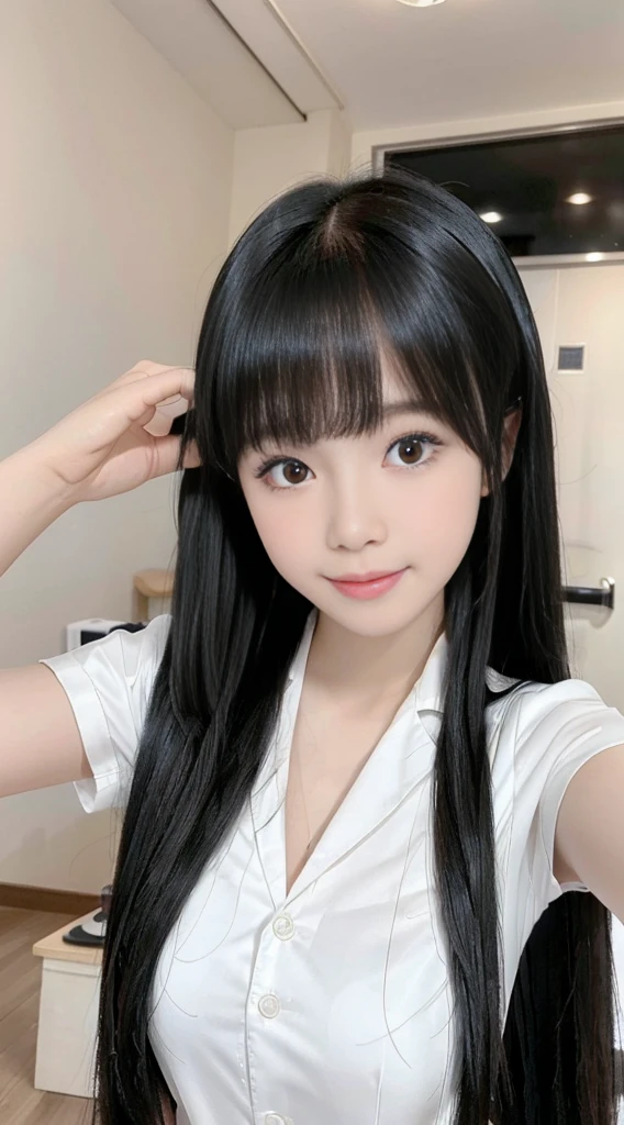 Wearing a white school uniform、brunette arafid asian schoolgirl, Those girls' The avatar is cute and exquisite, The smile is a bit cute, young and lovely Asian face, Young and cute Korean face, Cute and exquisite side face avatar, Beautiful Asian schoolgirl, Gorgeous young Korean schoolgirl, Smile is cute and charming, sweetly laugh, slight smile expression, 8K soft light portrait shooting,8K, Ultra-fine smooth black shampoo,straight, silky black hair,black long straight hair,Silky black hair trembling,Smooth black long straight hair,Her straight, Silky brunette dances non-stop,Smooth black straight hair keeps flying,Extremely smooth straight hair,Super Long Straight Hair,Very soft,black hair color hair, Straight hair one meter long,A Lot of Hair,Hair strands are clearly visible,The hair is thick,Top hair quality,The hair is too smooth,Hair is unusually smooth,The shine of the hair is dazzling,