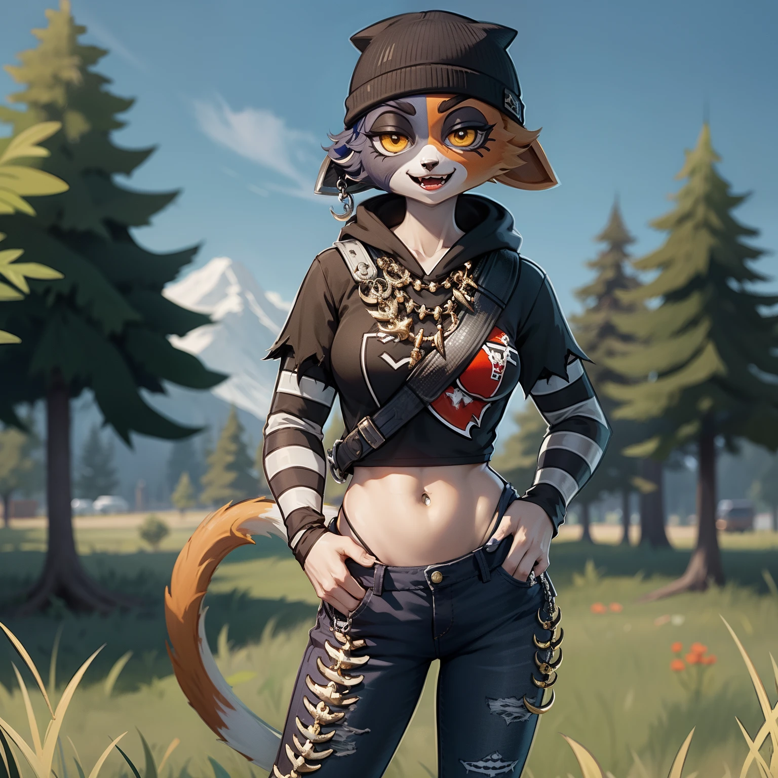 (best quality, masterpiece:1), solo, (shaded face:1.2), furry female anthro meowskulls, (noseless:1.3), standing, hands in pocket, tail, smile, looking at viewer, open mouth, bandolier, necklace, wallet chain, wide-eyed, beanie, black hoodie, striped sleeves, black jeans, fish hook piercing, (grass dirt background background:1.1),fortnite, wide hips, belly Button, navel, fangs, Black nose