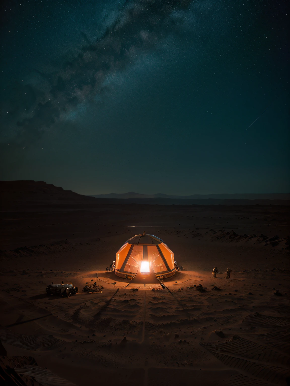 On Mars, a huge cutting-edge machine is at work. Metallic glossy texture, solar panels, astronauts distributed on the Mars ground. Bright picture, robot, starry sky, daytime, exploring vehicle details, super wide angle, bird's eye view, high realism, light and dark
