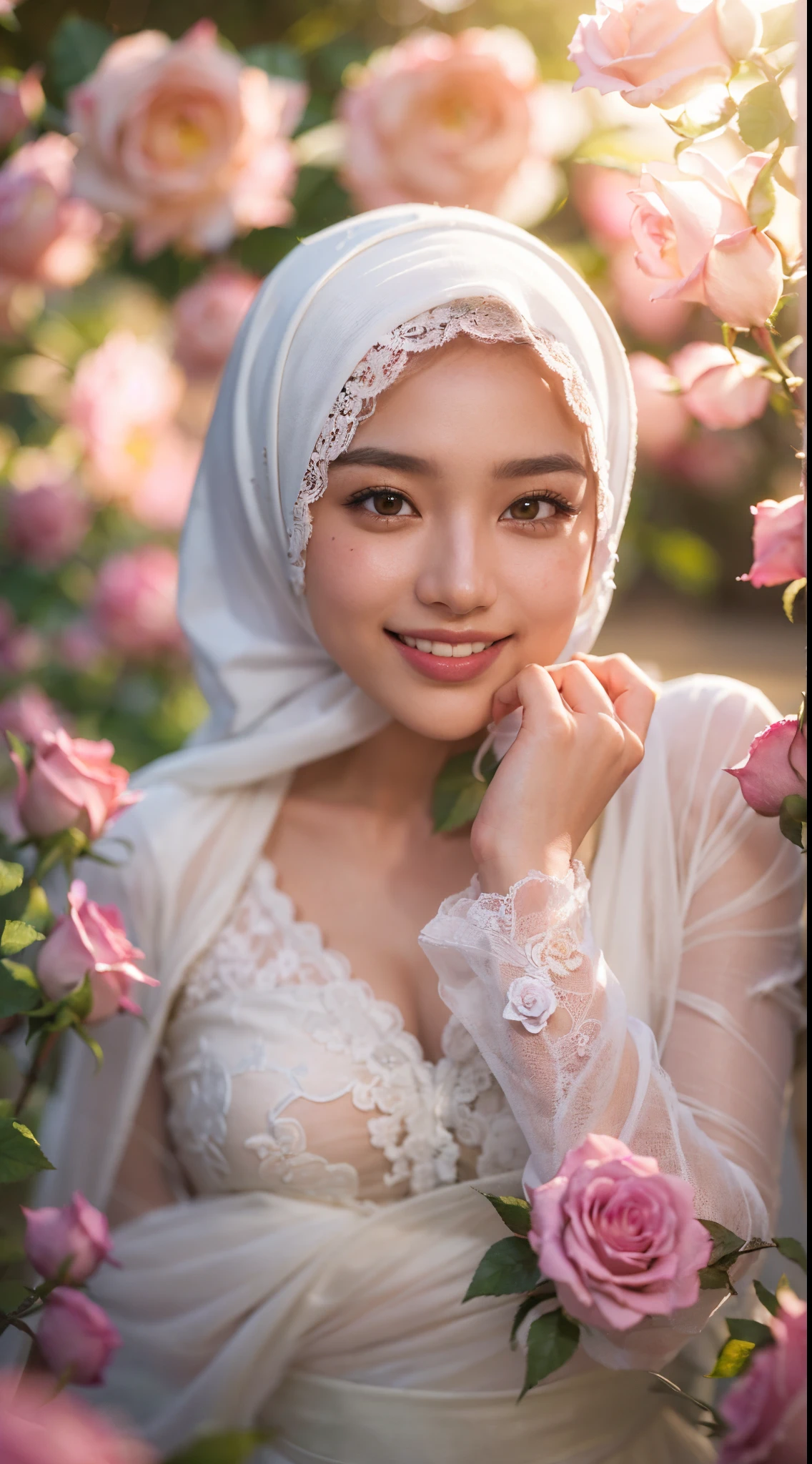 ((((Depth of field))),((((Sunset backlit),((Slim body)))),malay girl with very long white hijab, 20 years old, twilight rays, lace wedding dress, flower crown, (((Rose tunnel))), rose front blur, bokeh, photorealistic, surrounded by colorful roses, ((smiling)))))), (mouth closed)))),(1 malay girl in hijab), ( Sunset:1.3), (8k, RAW photography, best quality, masterpiece:1.2), (realistic, photorealistic:1.37), best quality, ultra high resolution,(standing in a flower garden:1.3), (vivid and colorful:1.3), bokeh, extreme close up shot, ultra detail, pastel color grading,