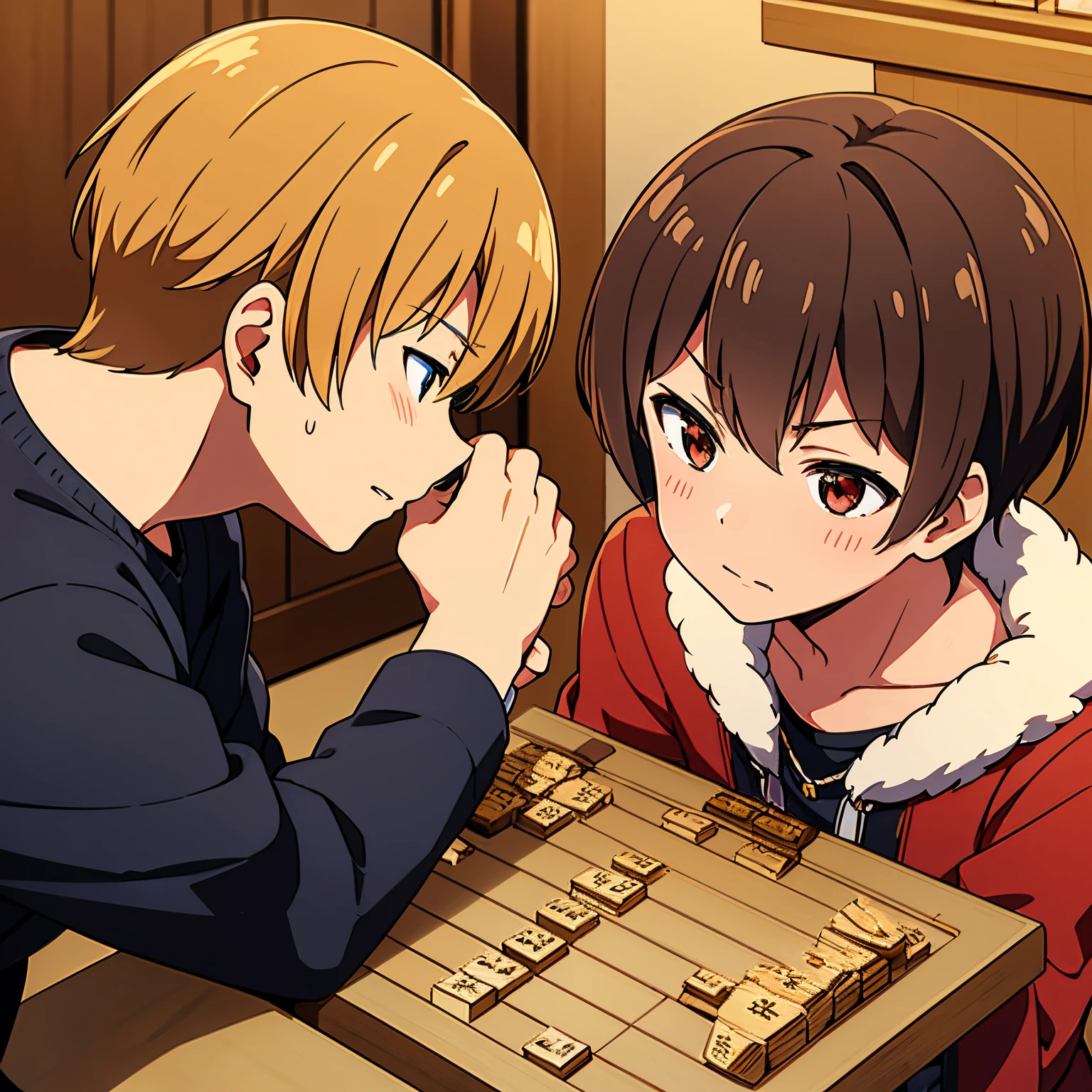 high-level image quality,4K,Shogi player,{Facing each other２Man Boy},Incandescent,hand that stops,calm thinking